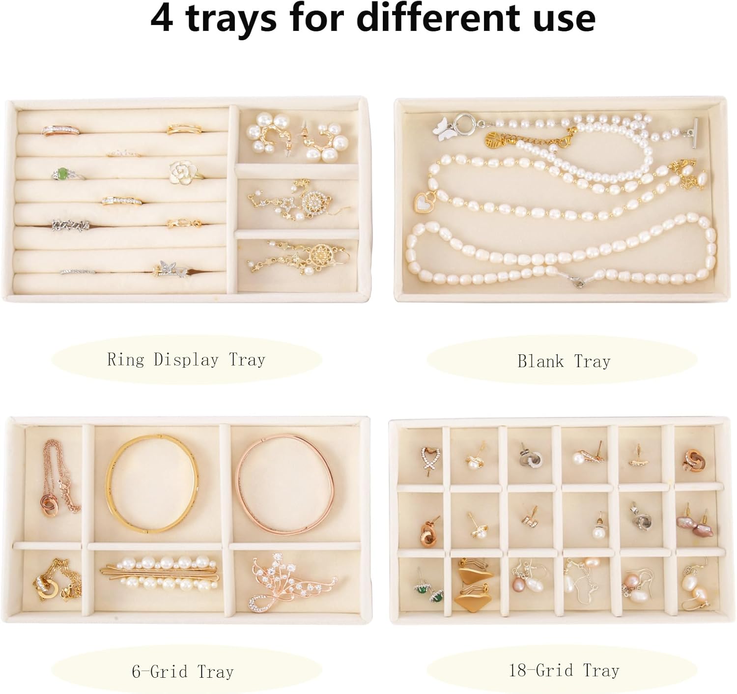 Velvet Jewelry Organizer for Drawer, Stackable Jewelry Storage Trays in Dresser, Small Drawer Inserts Display Case for Rings Stud Necklaces Accessories, Set of 4 - Image 4