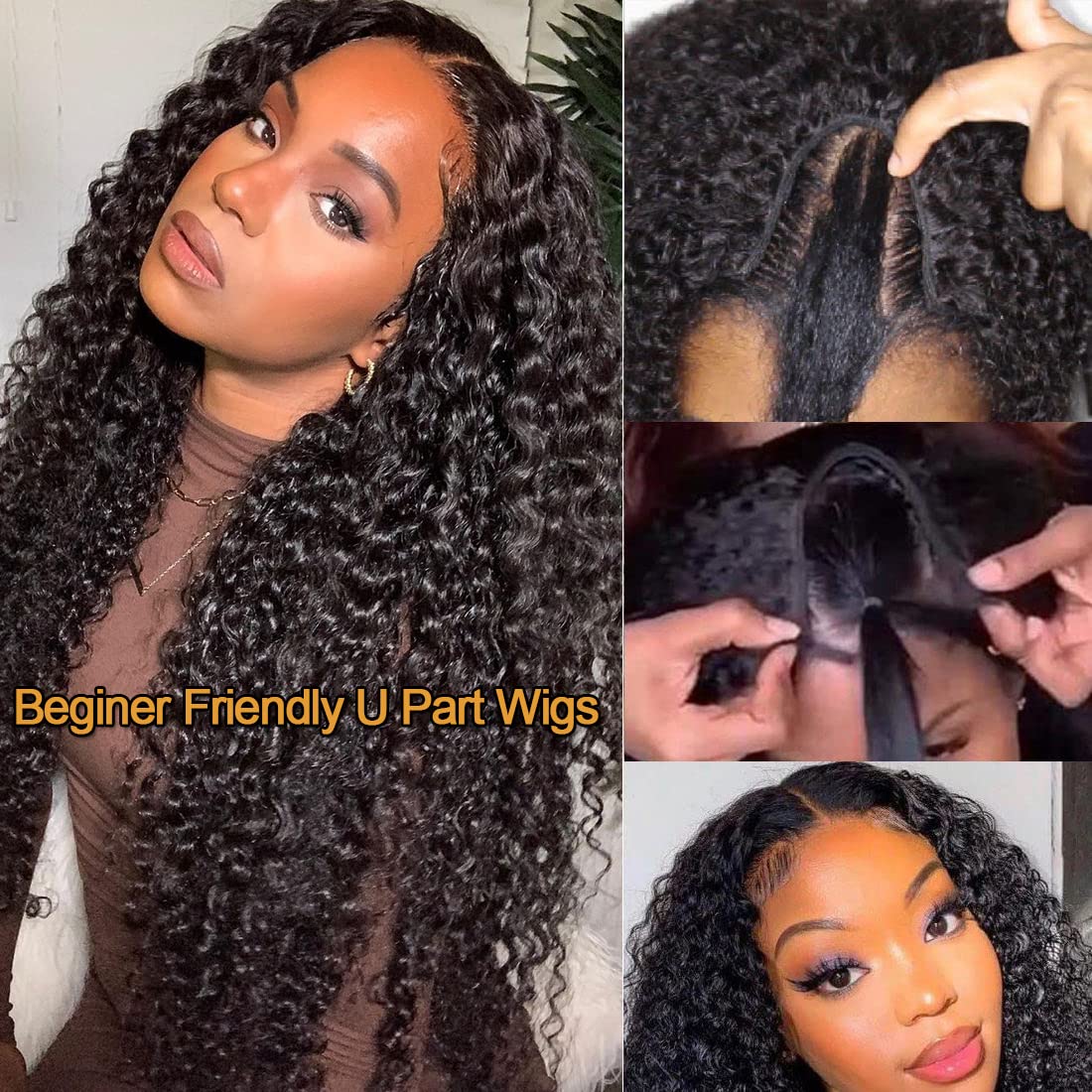 Nadula Curly Upgraded U Part Wig Human Hair 4x1 inch Samll Leave Out for Black Women, 10A Brazilian Curly U-Part Wigs Remy Hair No Glue No Sew in Beginner Friendly 150% Density Natural Color 24inch