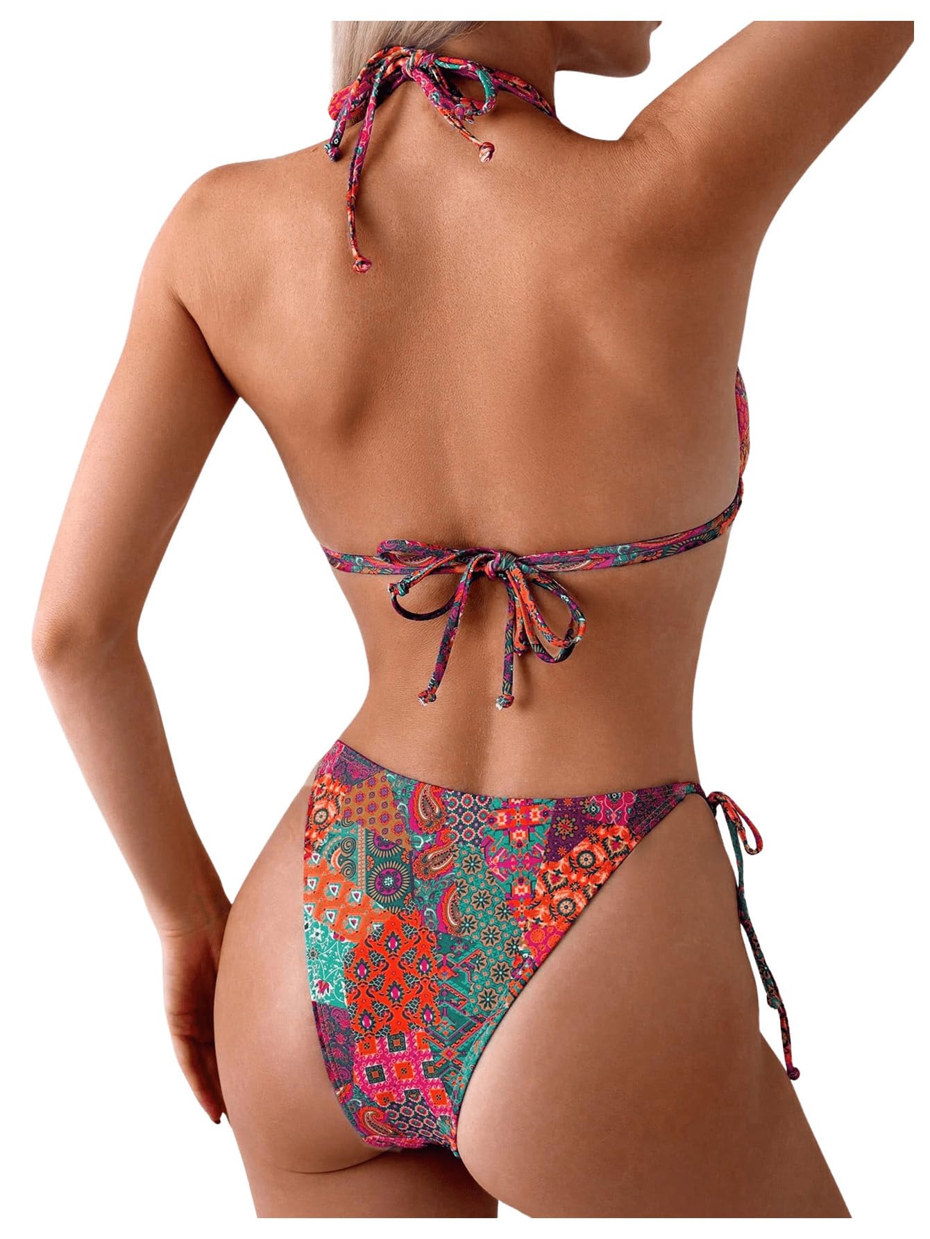 GORGLITTER Zestaw damskich bikini, 2 sztuki, strój kąpielowy, wiązany na szyi, wysoki stan, trójkąt, moda kąpielowa, dwuczęściowy strój kąpielowy ze sznurowaniem