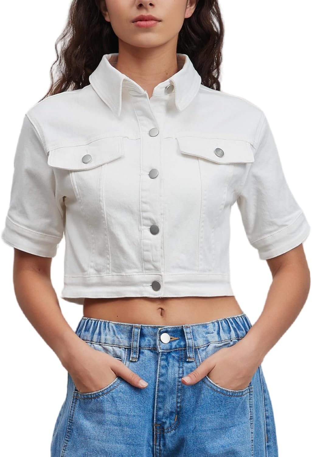 LifeShe Women Stretch Cropped Denim Jacket Short Sleeves Button Down Trucker Jean Jackets Coats - Image 4