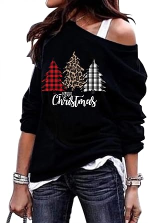 CHUNTIANRAN Womens Casual Off Shoulder Sweatshirt Tops Funny Plaid Christmas Tree Raglan Shirts Slash Neck Loose Blouse
