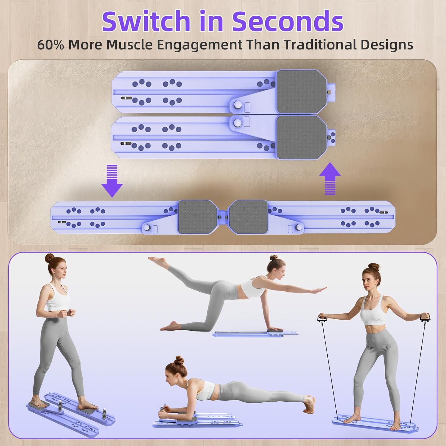 Pilates Board for Home Workout, Protable Pilates Reformer Set for Core, Balance and Strength Training, 12 in 1 Multi-Purpose Pilates Reformer Machine for Women and Men