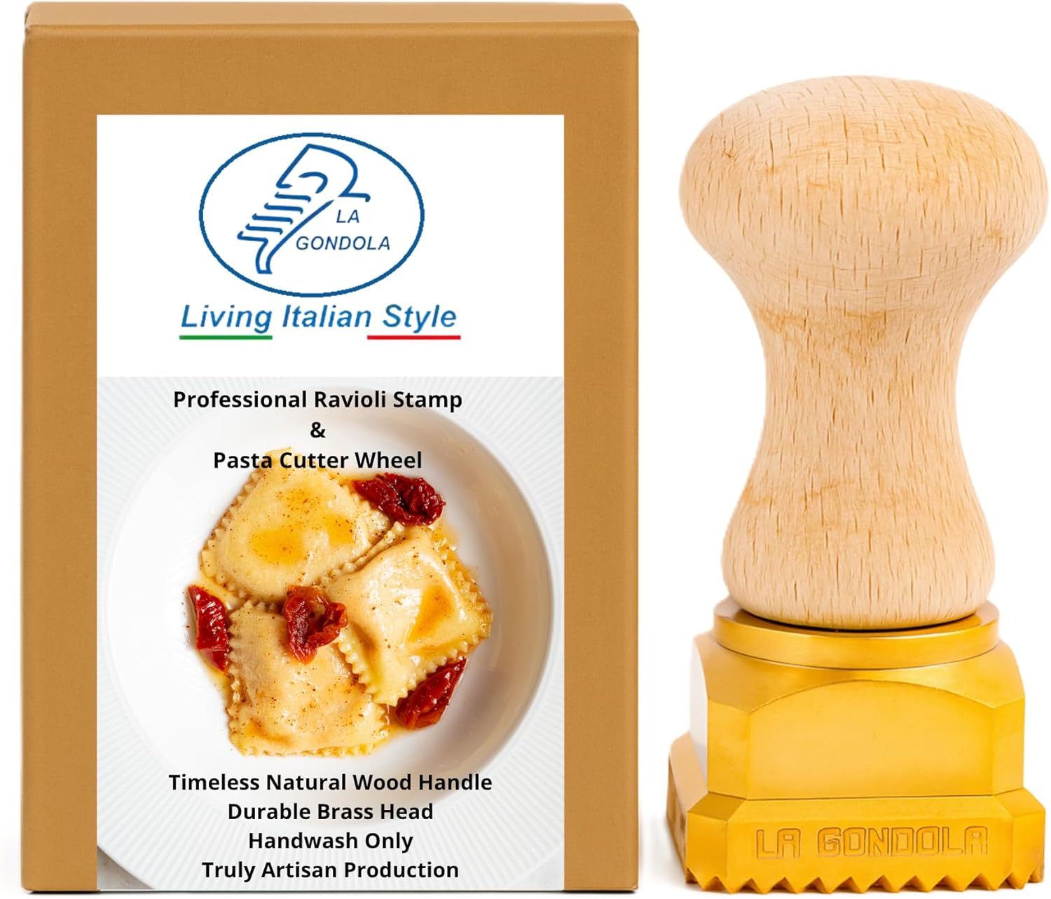 La Gondola Homemade Ravioli Stamp - Square Festooned 1.77x1.77in | Italian Pasta Making Tool for Home and Business | Brass & Natural Wood | Easy to Use Ravioli Stamp | Ravioli Cutter Made in Italy