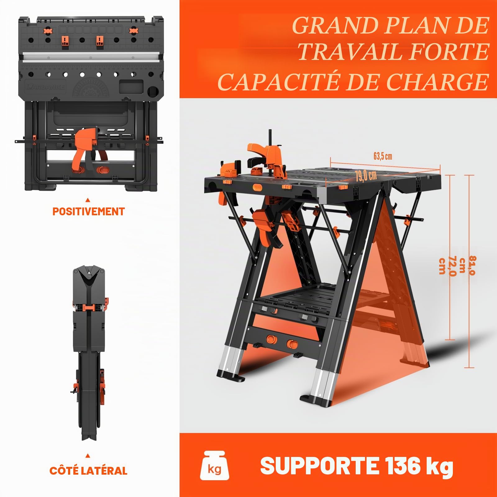 LARBANKE Établi pliable, 2 en 1, étanche, table de travail pliable, 79 x 63,5 x 82 cm, table de travail réglable en hauteur avec 4 serre-joints, 4 blocs de connexion, 2 blocs de délimitation