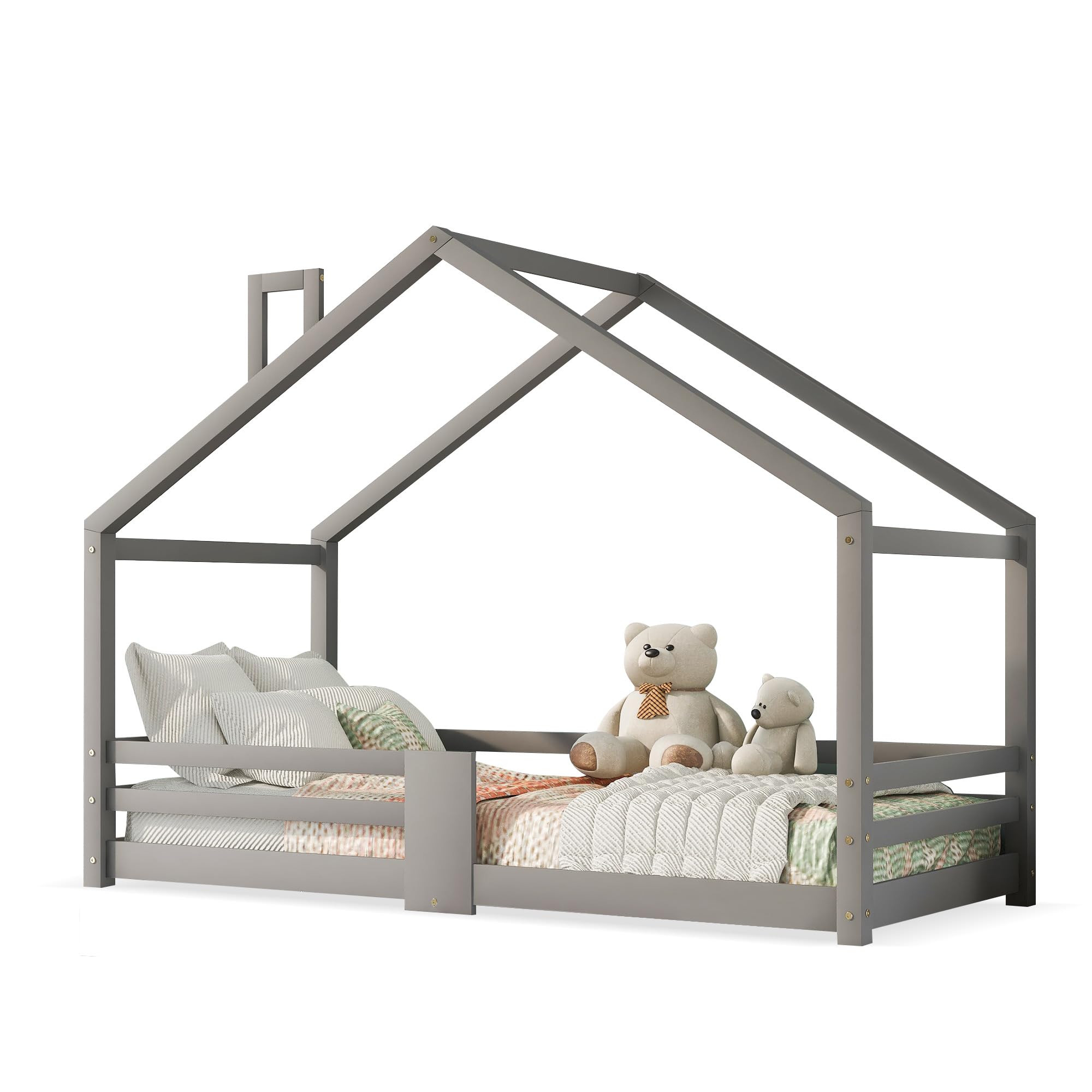 Gecheer Cama Infantil Forma de Casa, Cama Casita de Madera de Pino 90x200cm con Barandillas de Seguridad, Cama Niños con Listones Incluidos, para Dormitorio Infantil, 209x96x142.5cm YJXGGXP-QES-WF1979