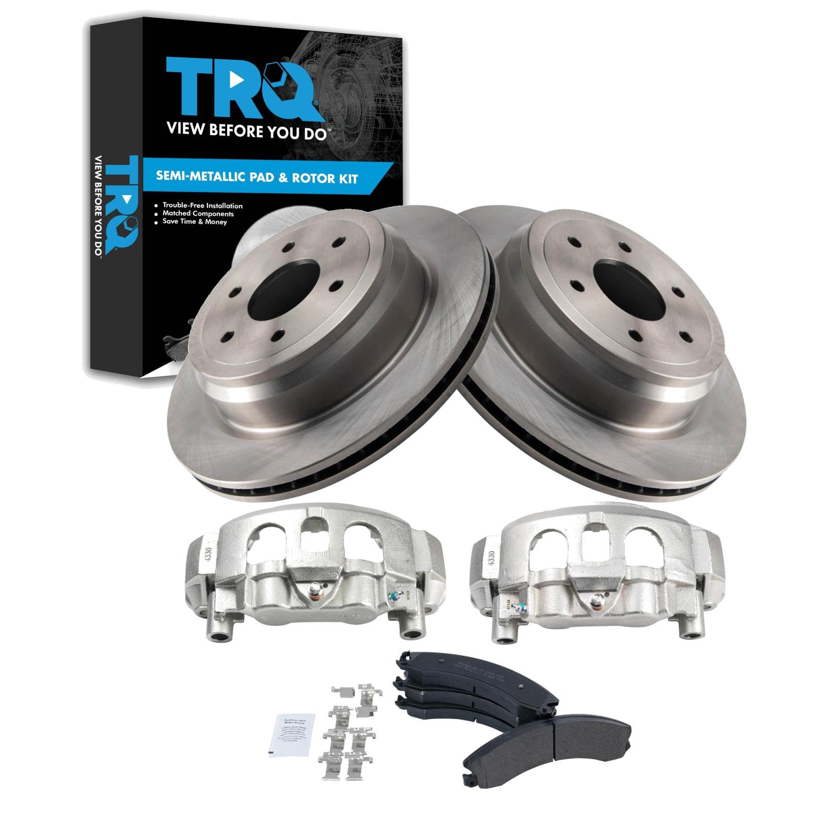 TRQ Rear Brake Pad, Caliper, &amp; Rotor Kit Semi-Metallic Compatible with 2016-2021 Nissan Titan XD