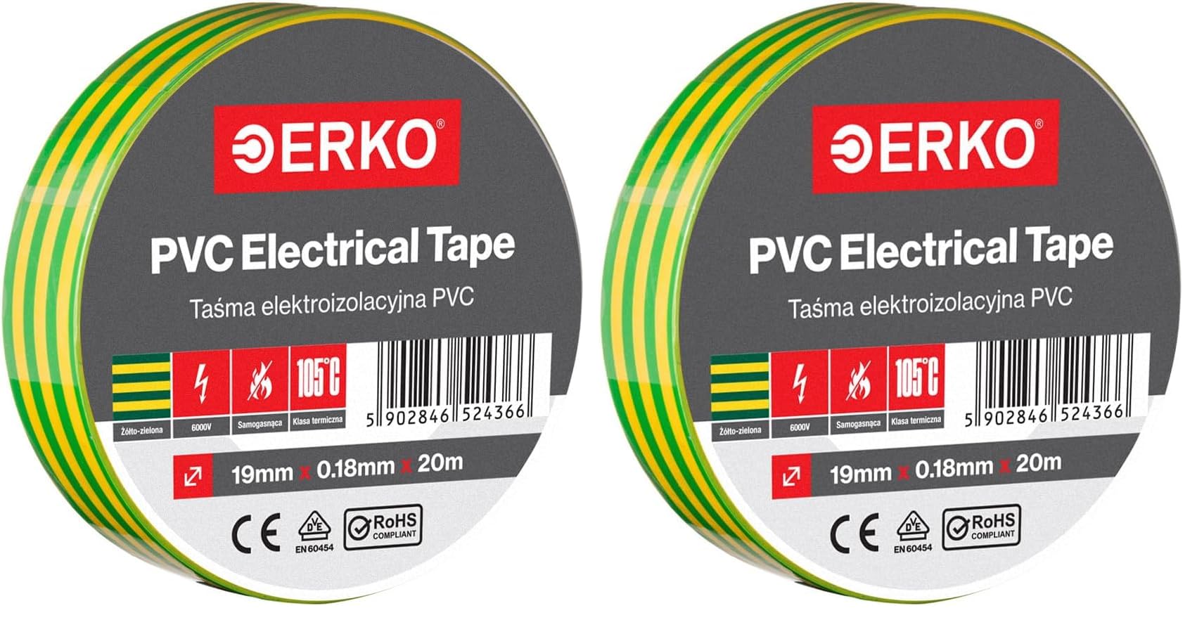 ERKO Isolierband PVC Gelbgrün 19mm x 20m, Elektrische Leitungen Reparatur, Hochflexibel mit starker Klebekraft, Chemiebeständig, Polyvinyl Chlorid, Klebeband Universal (Packung mit 2)
