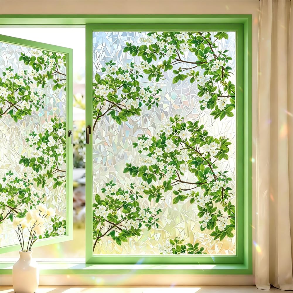 Bdkmms E Floral Window Privacy Film, 78.7×17.7Inch Pvc Glass Static Cling Decorativ Sun Catcher Window Film For Living Room, Bathroom, Bedroom