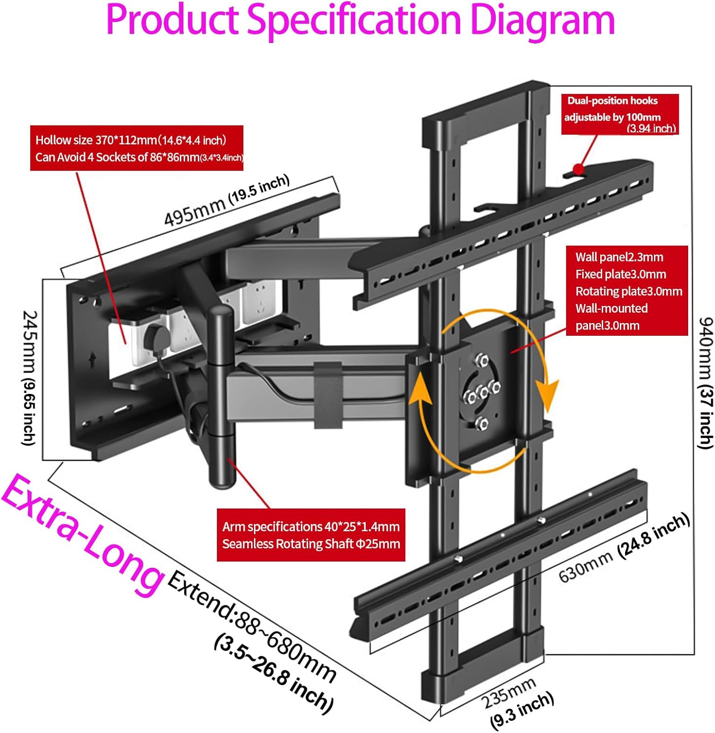 Landscape to Portrait Full Motion TV Wall Mount for 50-90 inch, Vertical and Horizontal TVs Bracket, ±90° Rotating TV Mount, Hold 264 lbs Swivel Tilt Long Extension Leveling, Max VESA 800x600