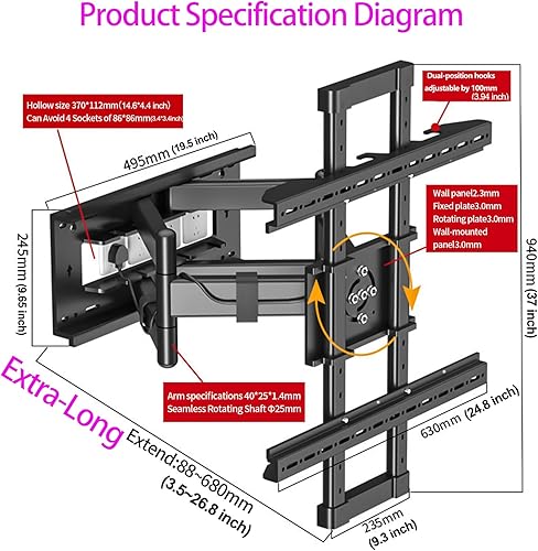 Miniatura 5 de Soporte de pared para TV de movimiento completo horizontal a vertical para 50 a 90 pulgadas, soporte de pared para pantallas LED LCD de hasta 264