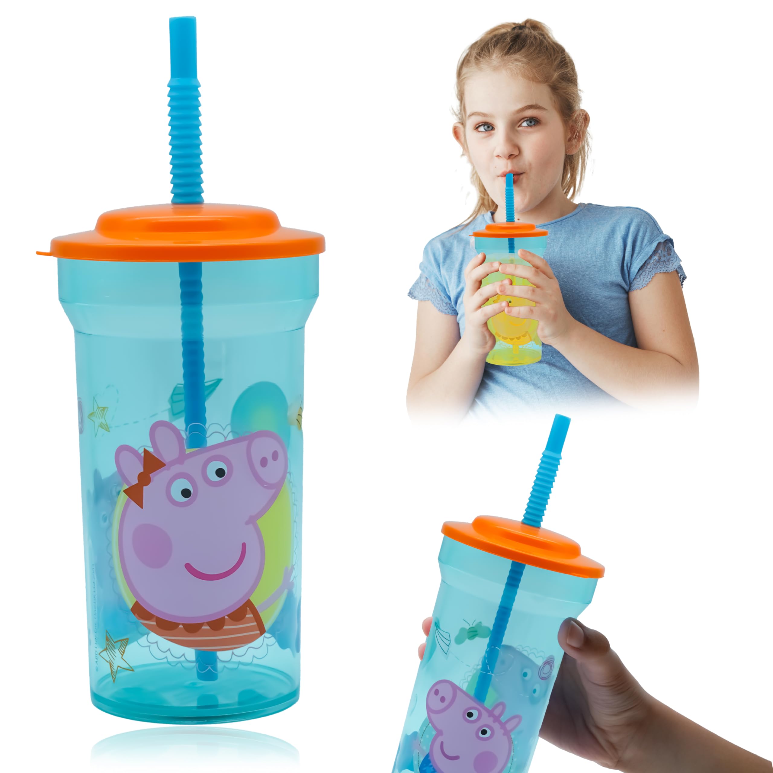 SRVertex Peppa Pig Kids Plastic Tumbler with Straw and Lid - 460ml Reusable Spill Proof Travel Cup with Straw, BPA Free Everyday Use Printed Kids Tumbler 4+ Years