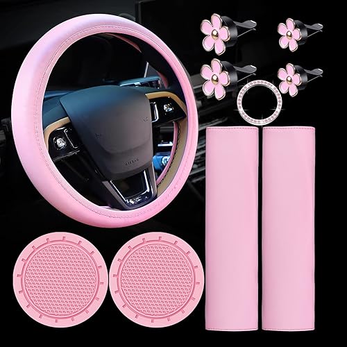 Juego de 10 fundas de cuero para volante para mujer, lindos accesorios de automóvil con almohadillas para cinturón de seguridad, fundas para