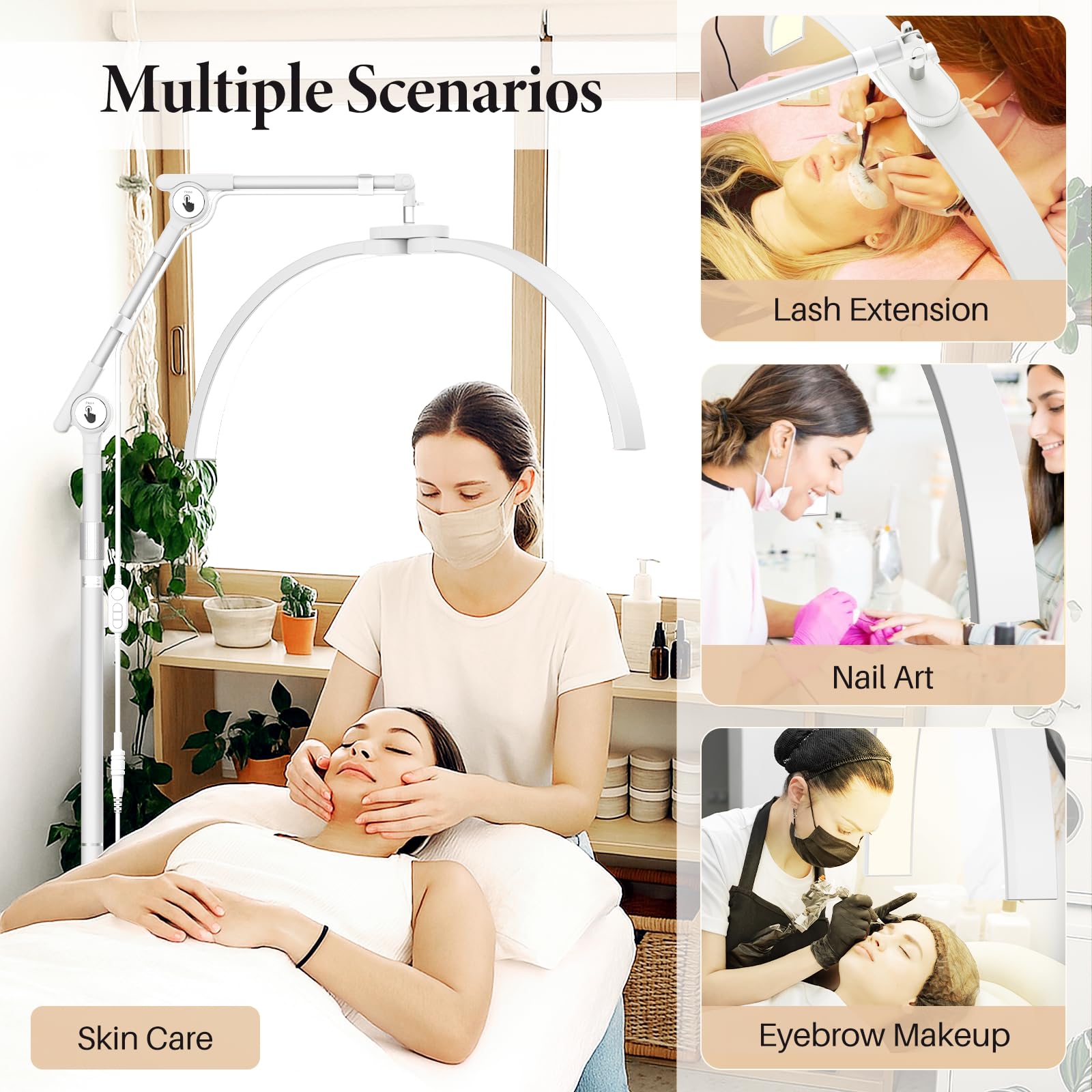 Lampara LED de pie para Pestañas: 28" Plegable Lampara Extensiones Pestañas LED - 3 Temperaturas de Color & Cabezal Giratorio 360° con Soporte para Cuidado Piel/Tatuaje, Blanco