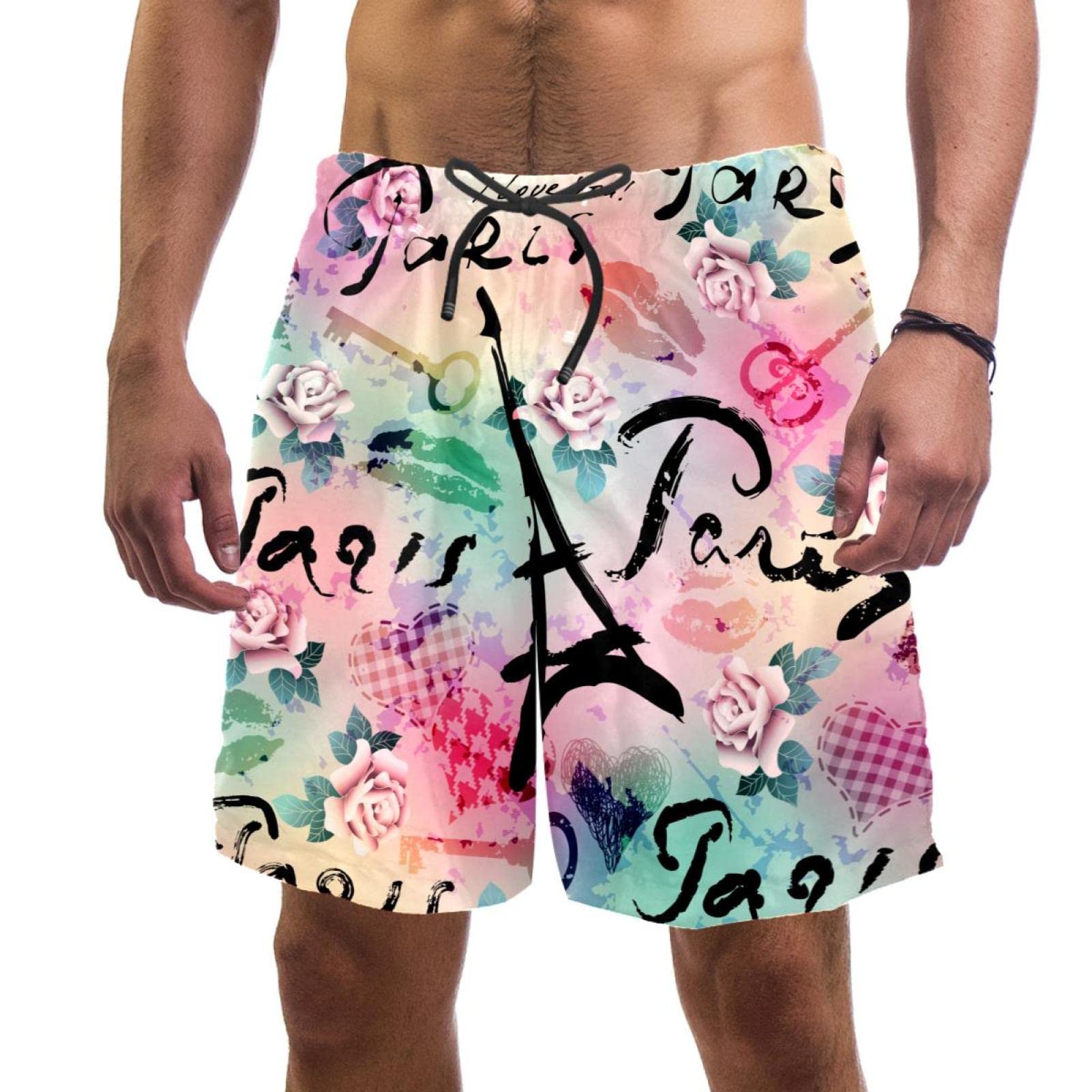 Short de plage à séchage rapide pour hommes avec motif Tour Eiffel rose style aquarelle Paris