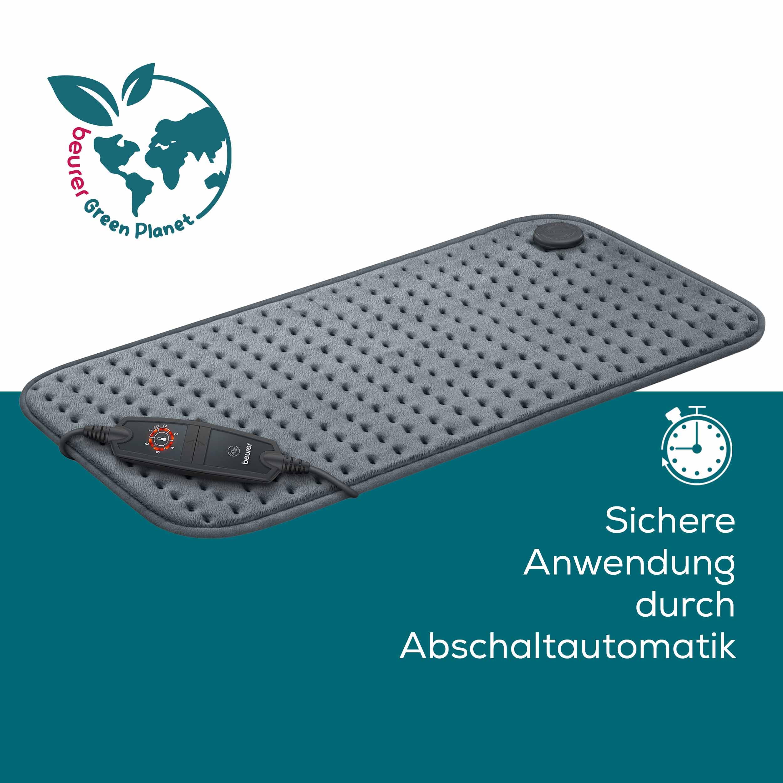 Beurer HK 123 Heizkissen, Made in Europe, Ober- und Unterseite aus 100% recyceltem Material, kuschelig weich, 60 x 30 cm, 6 Temperaturstufen und Abschaltautomatik, maschinenwaschbar, grau