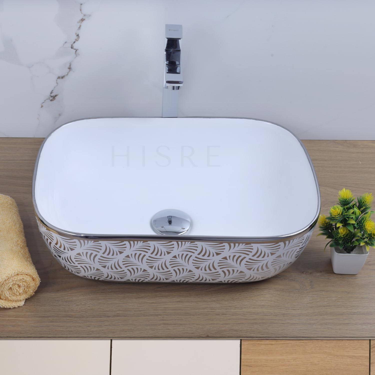 HISRE Table Top Wash Basin For Bathroom | Over Counter Top Wash Basin For Living Room | Washbasin Countertop | Tabletop Ceramic Bathroom Kitchen Sink (18 x 14 x 5.5 Inch) (SKTHI2309), photo 3 of 5