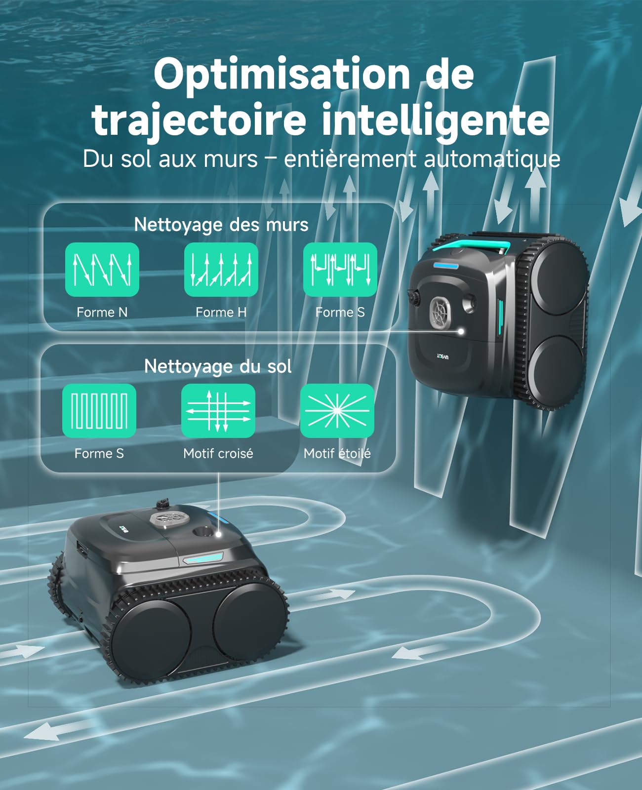 WYBOT C2 – Robot Piscine sans Fil, 3 Moteurs, Double Filtration, Nettoyage Fond, Parois Et Ligne d'eau, Autonomie 180 Min, pour Piscines Enterrées Max 150㎡, App Incluse(Vert Charbon-Gris)