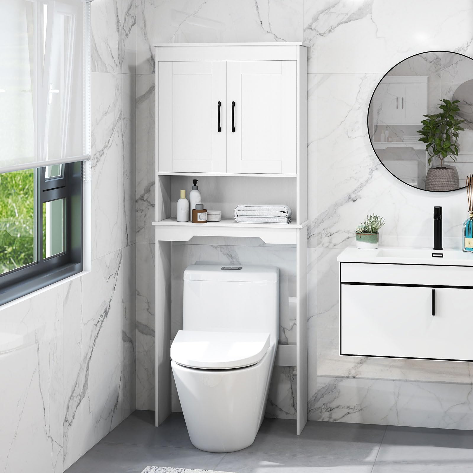 COSTWAY Armario sobre Inodoro, Organizador de Baño Independiente con 2 Puertas y Estante Ajustable, Ahorrador de Espacio sobre el Inodoro para Baño, Lavadero, 63 x 24 x 168 cm, Blanco