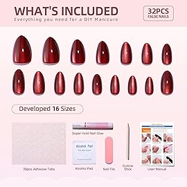 WAFOLOZE Almond Press on Nails Short Gel Fake Nails with Red Cat\'s Eye High-end Feel Designs, Christmas Glue On False Nail Press Ons Fall/Winter Acrylic Artificial Stick On Nails for Women 32Pcs