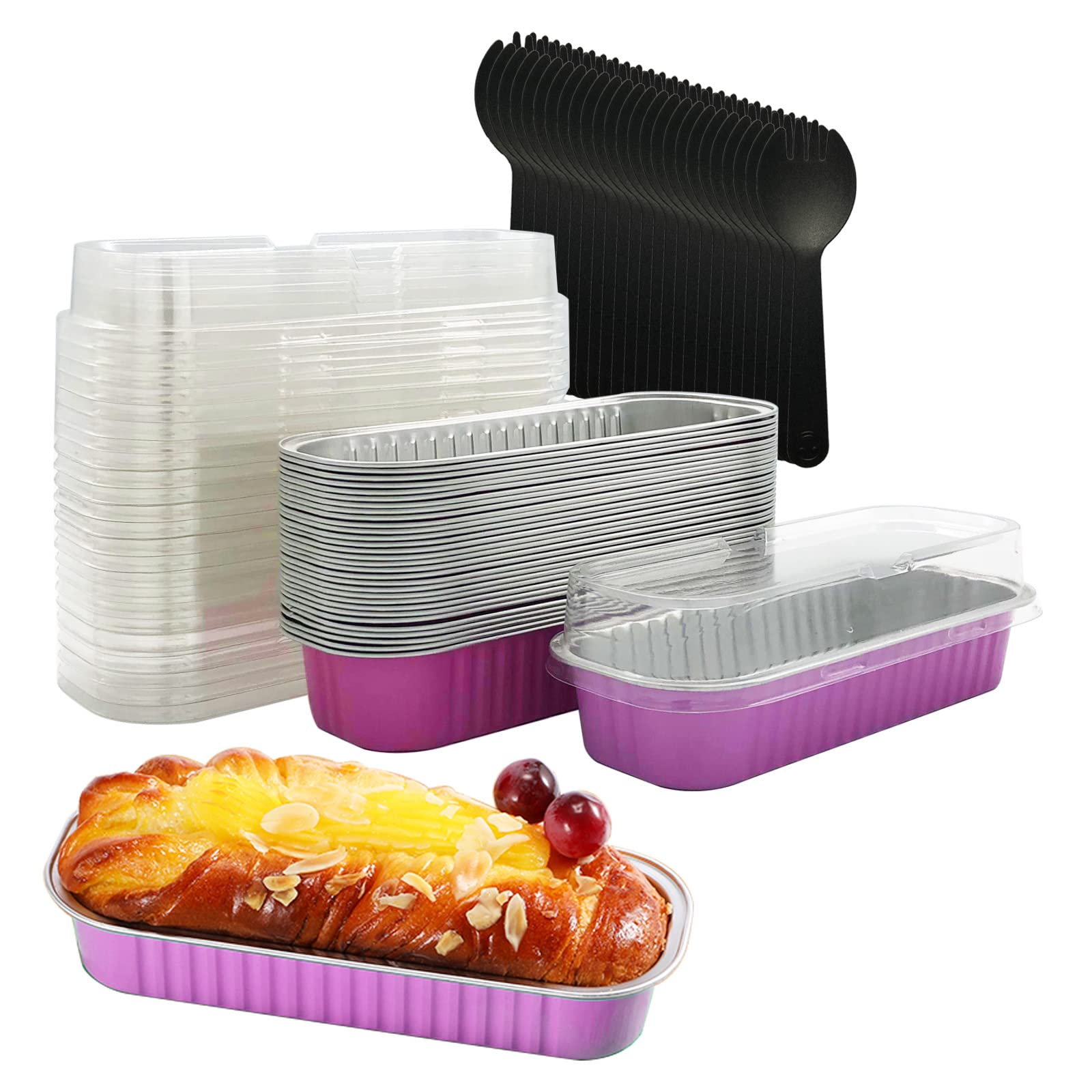 Disposable Mini Cake Pans With Lids 25 Pack,Baking Cups Muffin Tins, Aluminum Foil Baking Tins,Rectangle Mini Loaf Baking Pans Holders For Brownie Cake Bread 6.8oz (Pink)