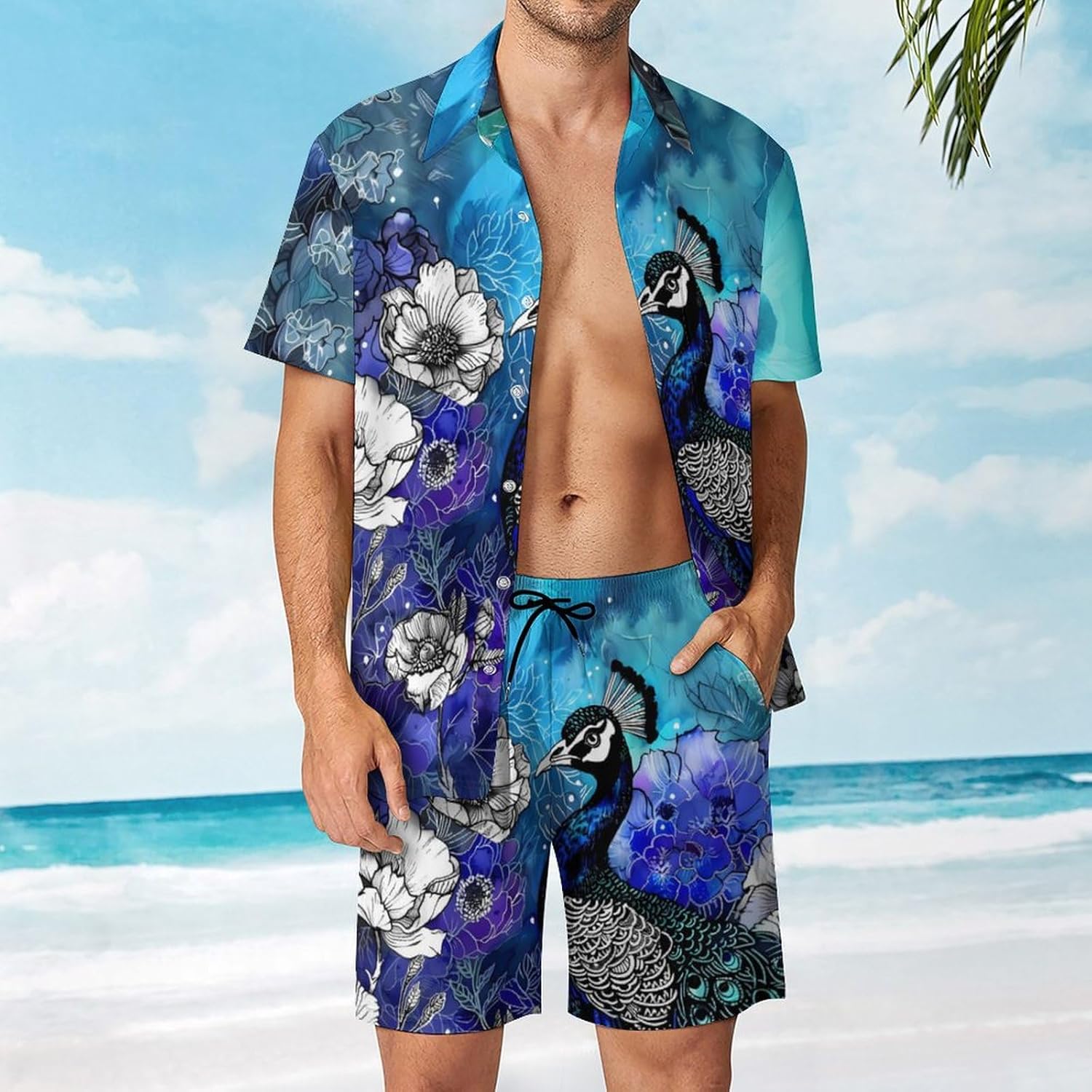 Peacock And Flowers Men's Summer Beach Outfits Shirt And Shorts Set 2 Piece Vacation Swimwear