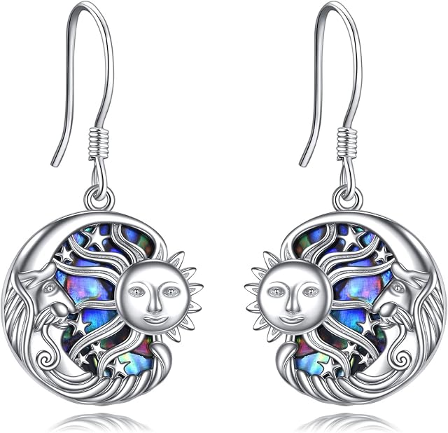 YFN Sun and Moon Earrings Sterling Silver Abalone Shell Dangle Drop Earrings Sun Moon Jewellery Gifts for Women Men