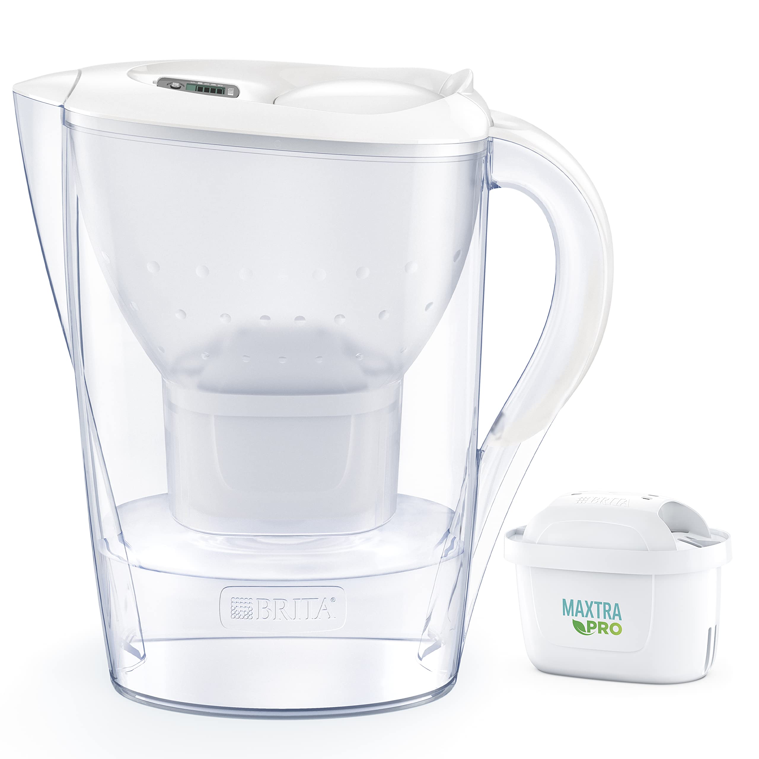 BRITA Dzbanek filtrujący Marella biały (2.4L) zawiera 1 filtr MAXTRA PRO Pure Performance - wskaźnik elektroniczny, uchylna pokrywka, filtr redukuje chlor, kamień, zanieczyszczenia
