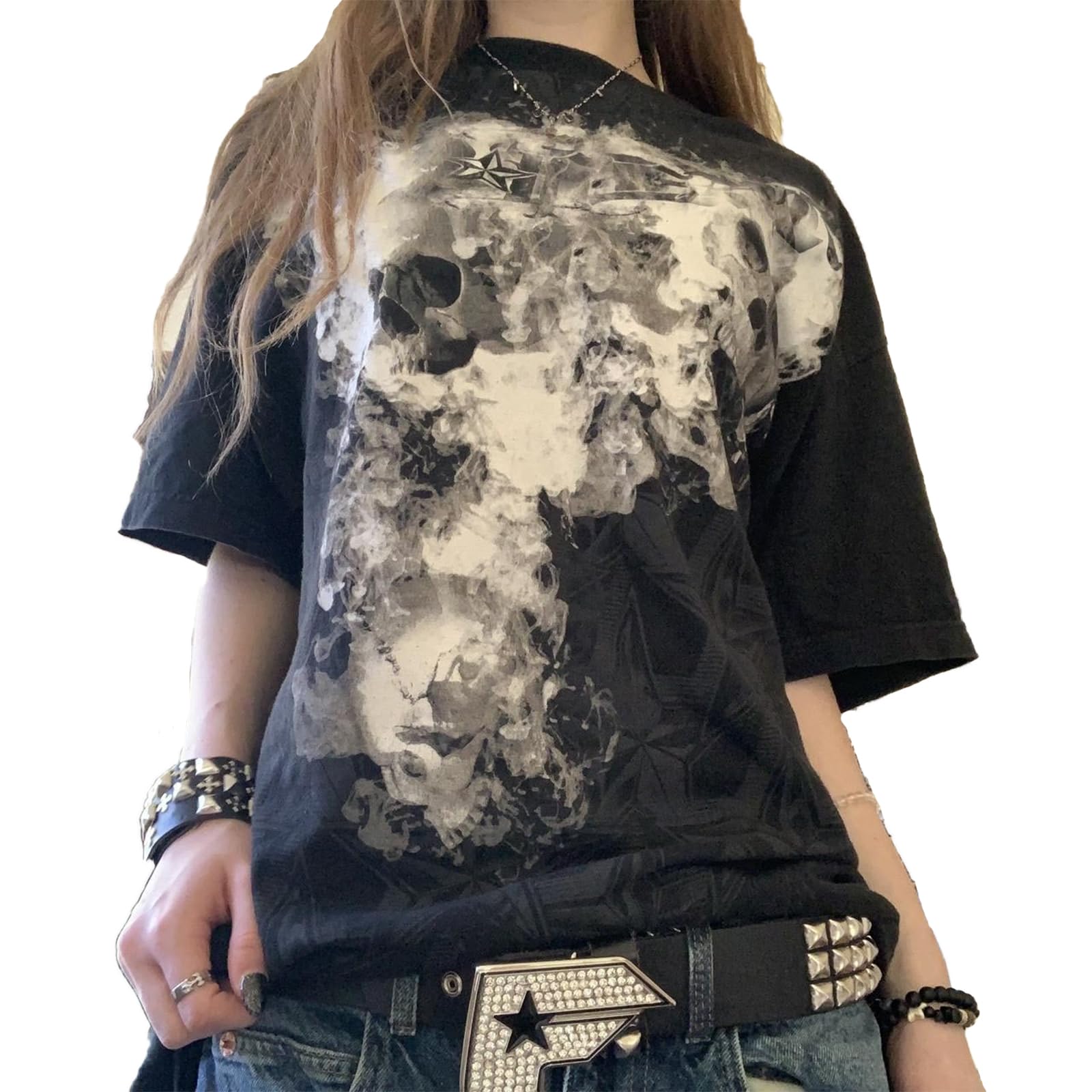 Y2k Fairy Grunge Clothes for Women Emo 2000s Skull Skeleton Print Tees Shirts Fairycore Vintage E-Girls Clothes