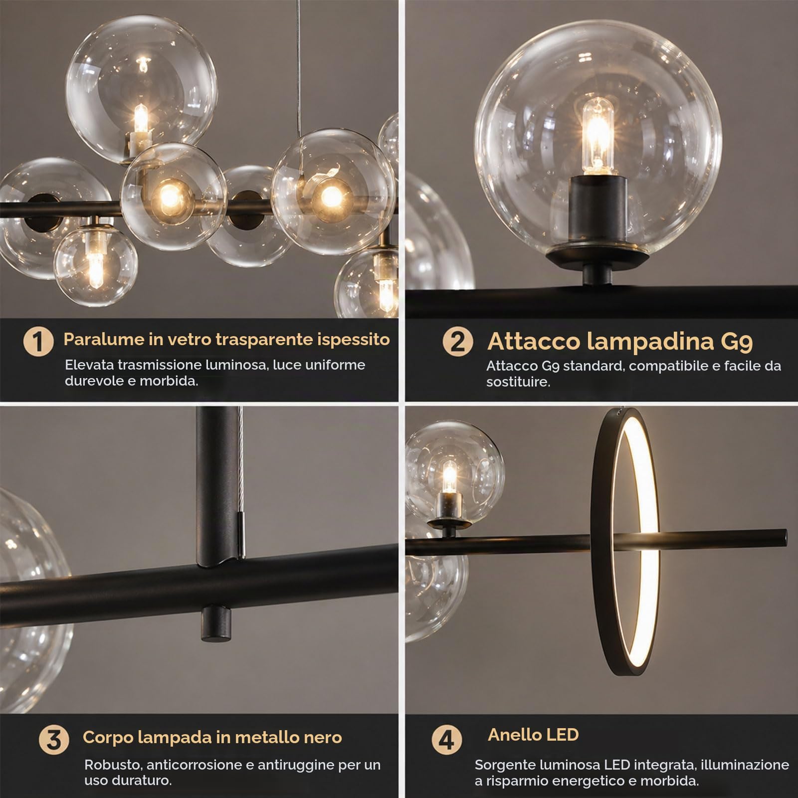 CONERY Lampada a sospensione moderna in metallo con sfera, lampadario in vetro a 7 luci/10 luci, lampada a sospensione industriale a sospensione a soffitto nero per camera da letto, soggiorno, cucina