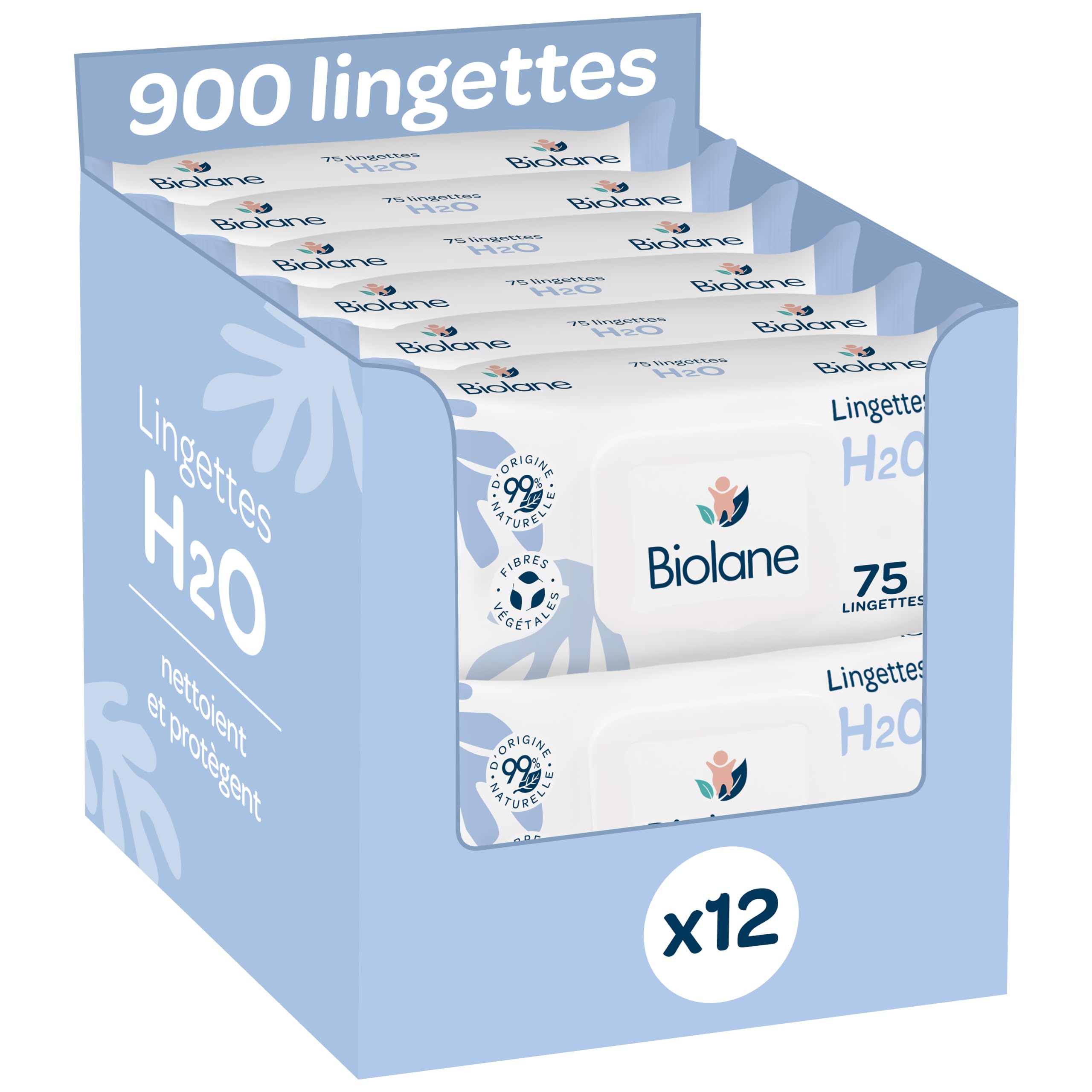 BIOLANE - Salviette per neonati con acqua - 900 salviettine - Set di 12 x 75 - Pulizia delicata ed efficace - Fin dalla nascita - Qualità francese