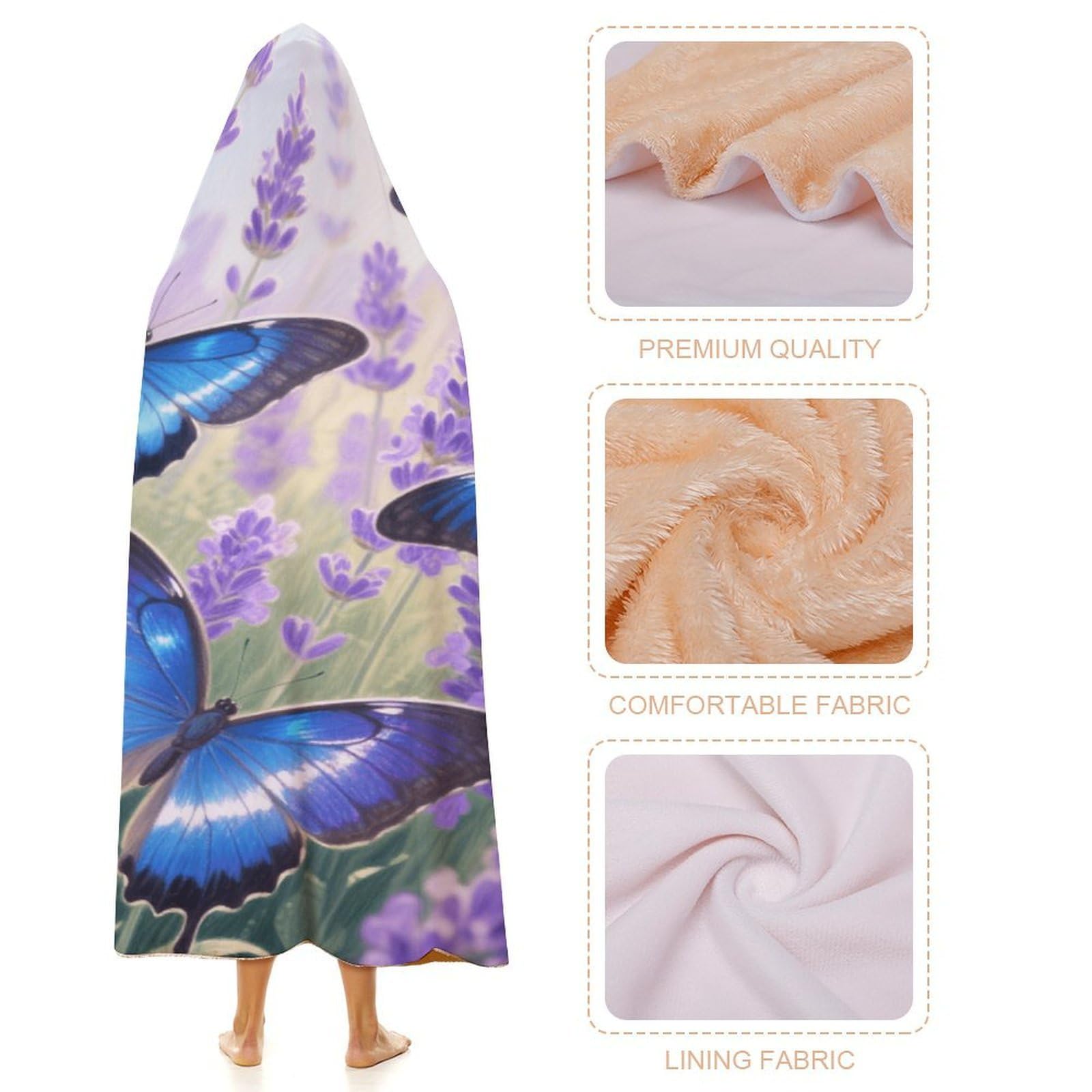 Manta poncho envolvente de gran tamaño, suave y cálida, manta para adultos, manta de mariposa azul voladora con capucha