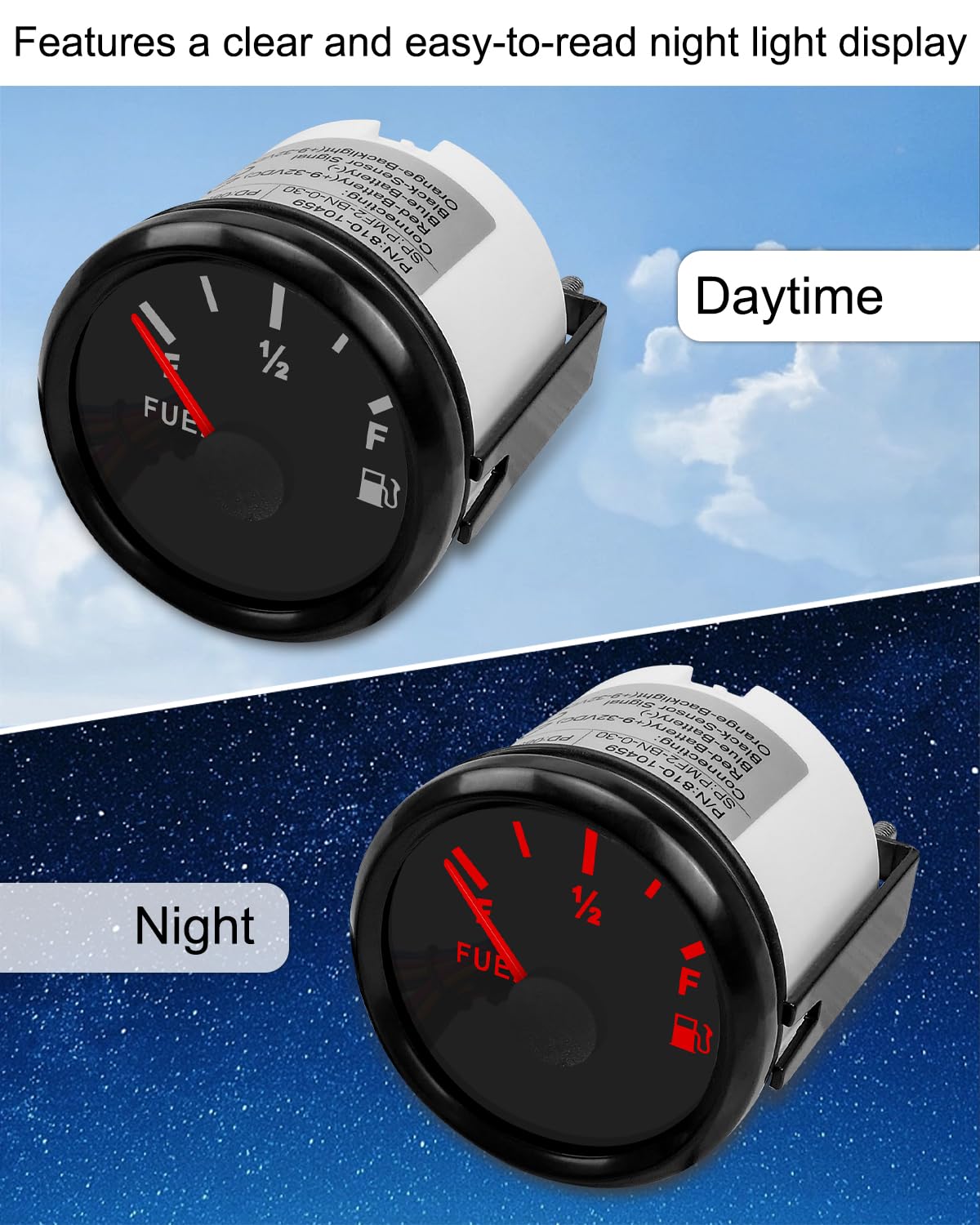 Black Boat Fuel Level Gauge 73-10 ohms (Empty-Full) for Marine Car RV Yacht Motorcycle Automotive, 52mm 9-32VDC