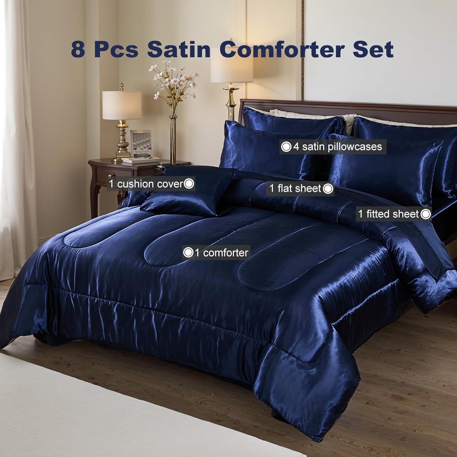 Bedding_Dreamer Silk Like Blue Comforter Set with Sheet Sets Queen 8 Pieces Satin Bedding Silky Bed-in-a-Bag Luxury Hotel Silky with 1 Cushion Cover