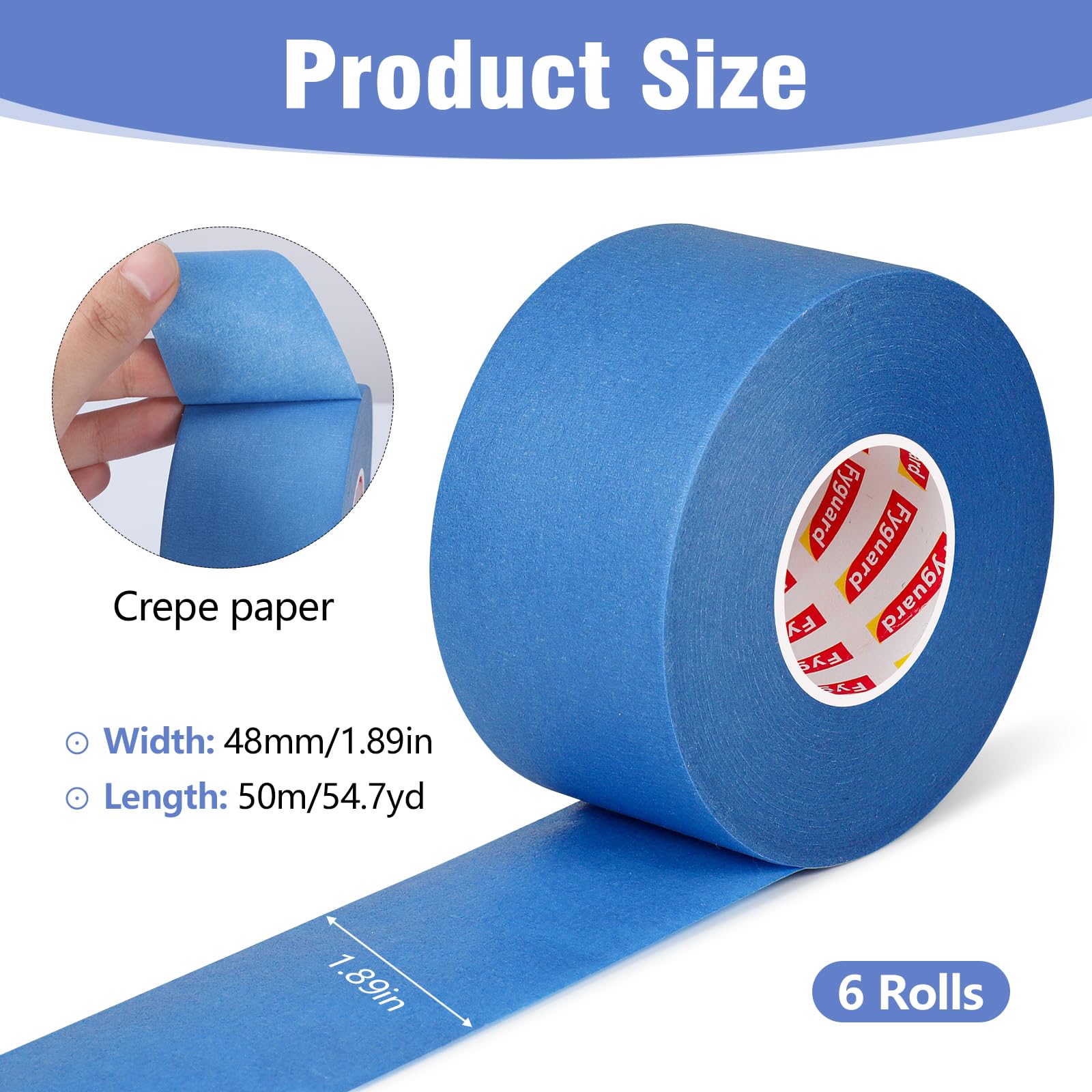 Fyguard 6 Rolls Painters Tape Blue, 48mm x 50m Masking Tape Easy Removal Crepe Paper for Painting and Decorating Indoor and Outdoor - Image 2