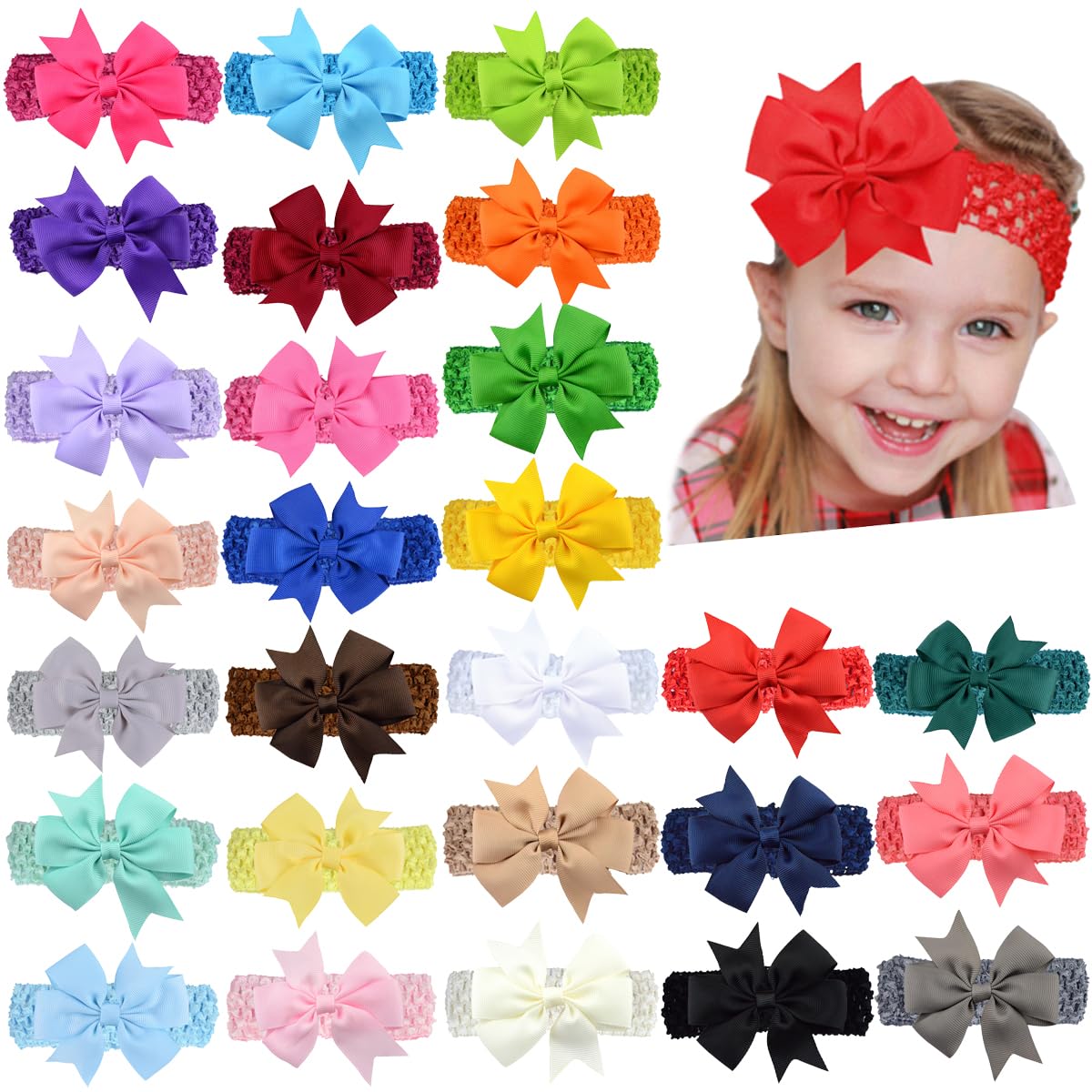 Snadulor 20 Pcs Baby Girl Bow Headbands,Turban Bows Headbands,Elastic Baby Bow Beadbands for Infants Kids Toddlers,Random Color