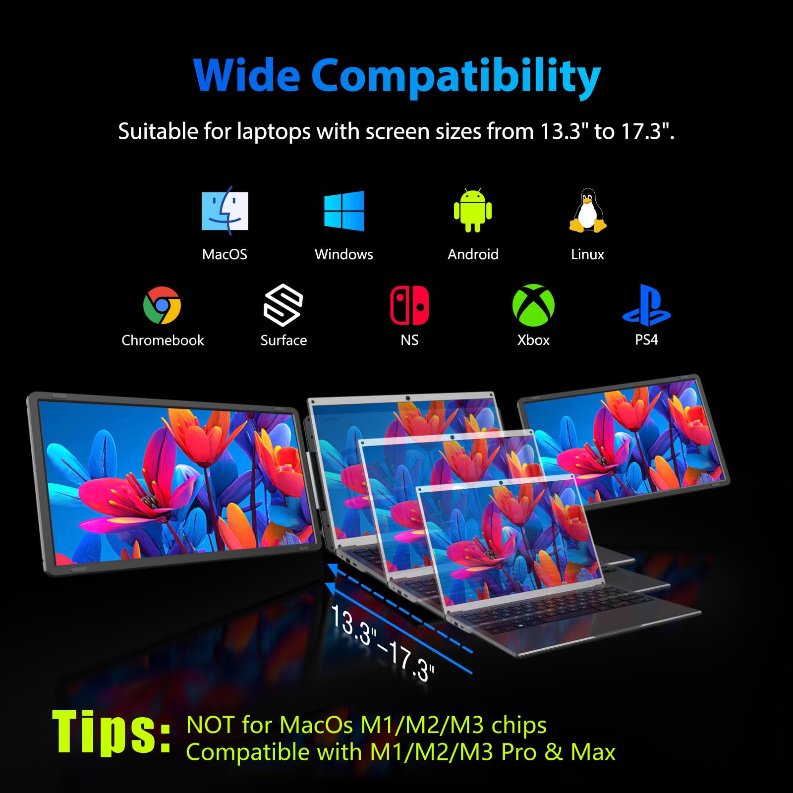 Tauvian 15.6" Laptop Screen Extender, FHD 1080P IPS Portable Triple Monitor for Laptops 13.3"-17.3", USB-C/HDMI Plug & Play, 120% sRGB Low Blue Light Detachable Monitor Extender for Windows/MacOS — view 3