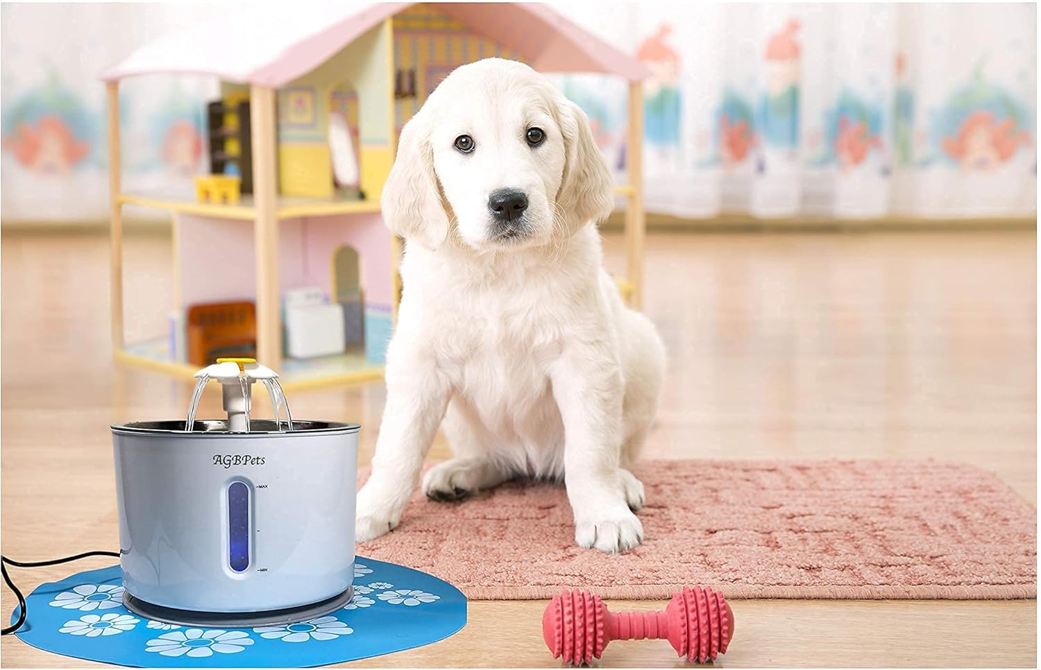 Automatic Pet Drinking Fountain/Waterer with Stainless Steel Tray, 81oz/2.4 Liter Auto/Self Shut Off Pump, RED and BLUE LED Water Level Window