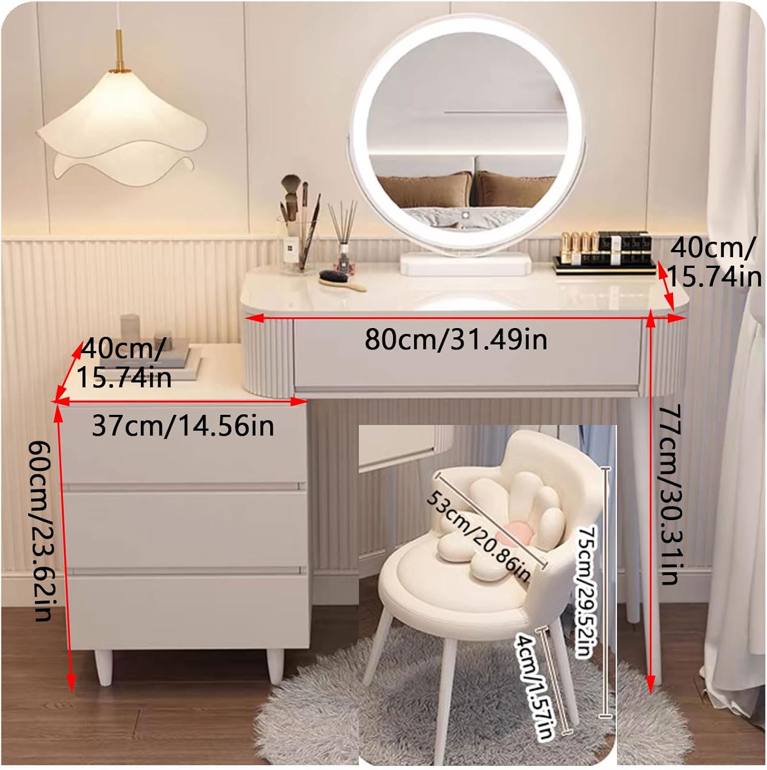 ZTGL D1,80cm, Scalable Modern Style Makeup Vanity Table with Lighted Mirror, Fashion Bedroom Large Capacity Dressing Table, Makeup Vanity Desk with 3 Drawers and Cabinet