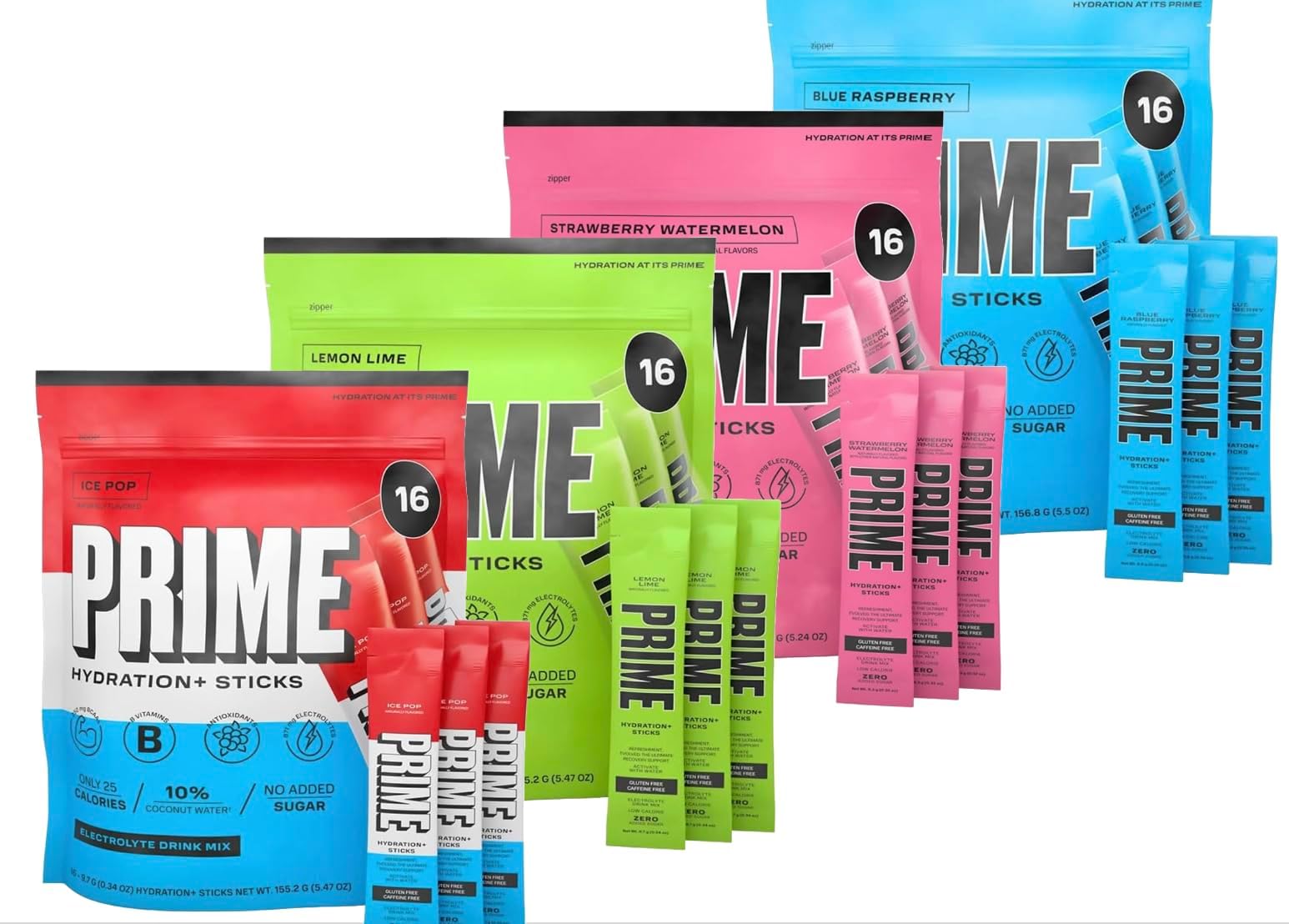 PRIME HYDRATION+ Sticks Blue Raspberry, Ice Pop, Lemon Lime, & Strawberry Watermelon Variety | Hydration Powder Single Serve | Electrolyte Powder On The Go | Caffeine-Free | 64 Sticks