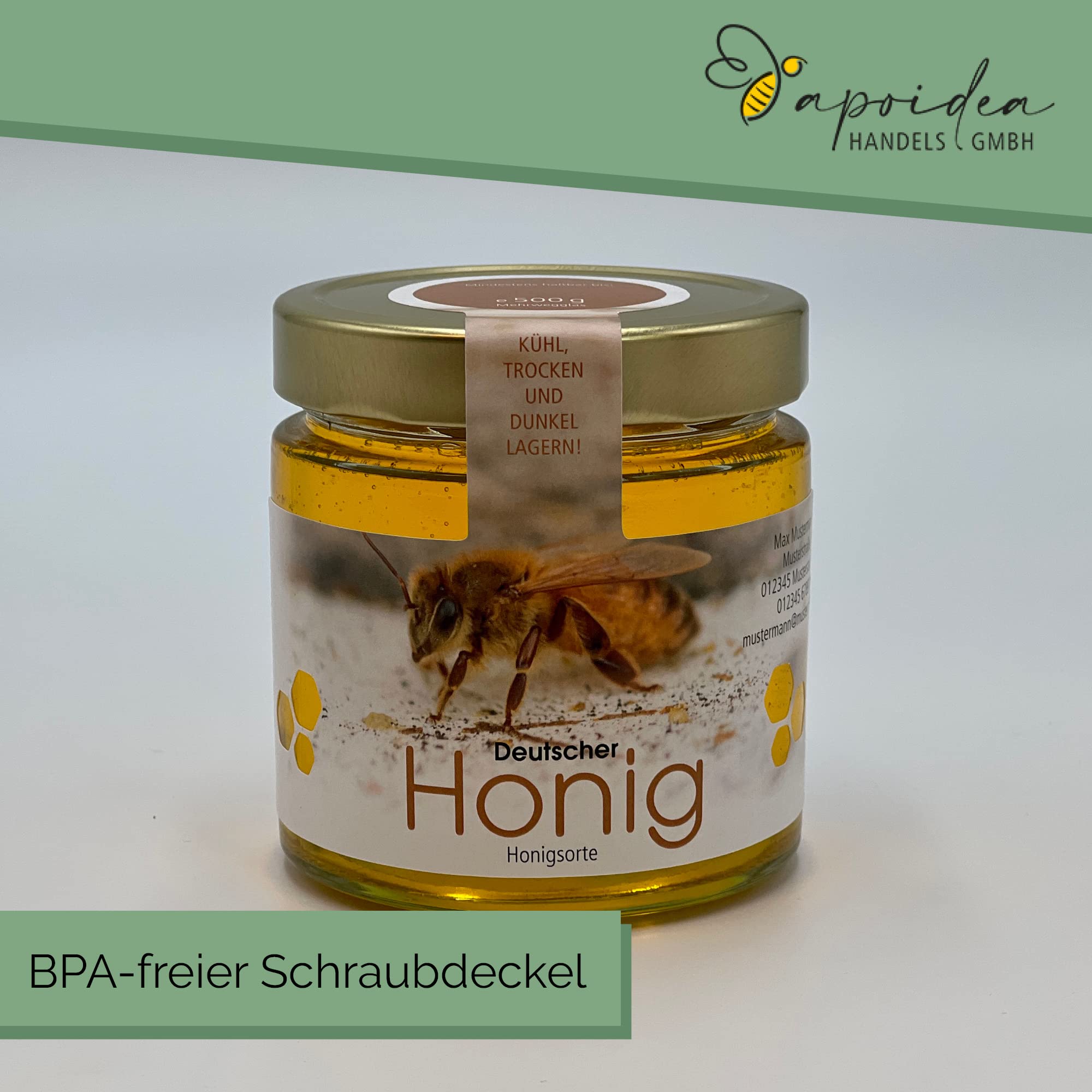 Apoidea – Honig Etiketten Cut-Out mit Gewährverschluss selbstklebend & personalisierbar - 400 Stück/Etiketten Honiggläser 500g / Honig Aufkleber für selbstgemachten Honig/Honigetiketten