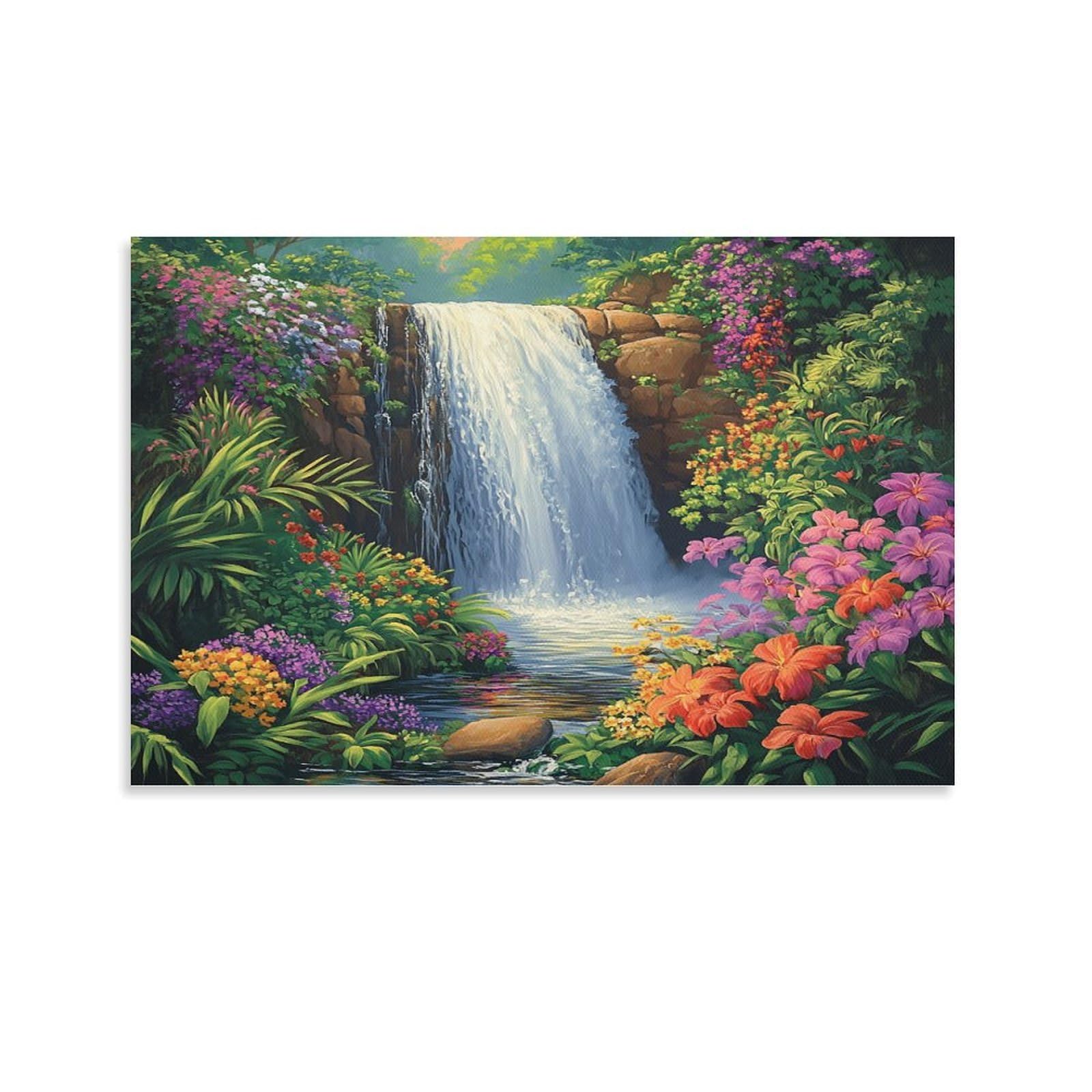 CPLVKWRQJ Waterfall Garden Individual Tropical Floral Scene Wall Art Decor - Office Wall Focal Art Multi-Purpose Fade Resistant Decor 20x30inch(50x75cm)
