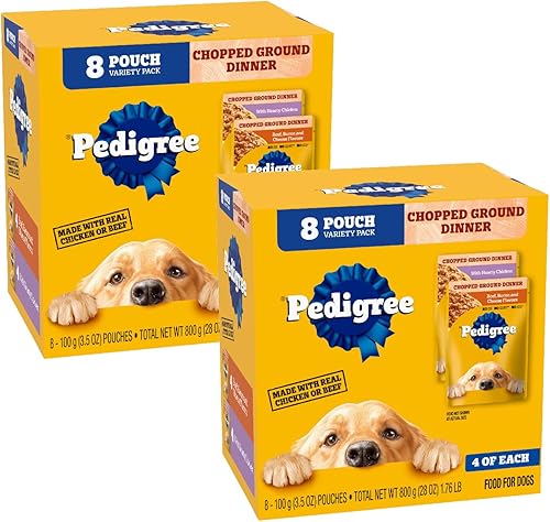 Pedigree Chopped Ground Dinner Wet Dog Food Pouches Variety Pack, 3.5 oz Pouches (8 Count, Pack of 2)