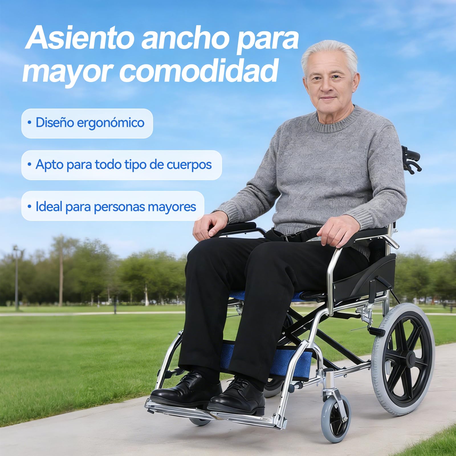 M3 Silla de Ruedas Plegable y Ligera - Doble Freno, Capacidad de Carga 100Kg, Reposapiés Plegables, Ideal para Personas Mayores y con Movilidad Reducida-Azul
