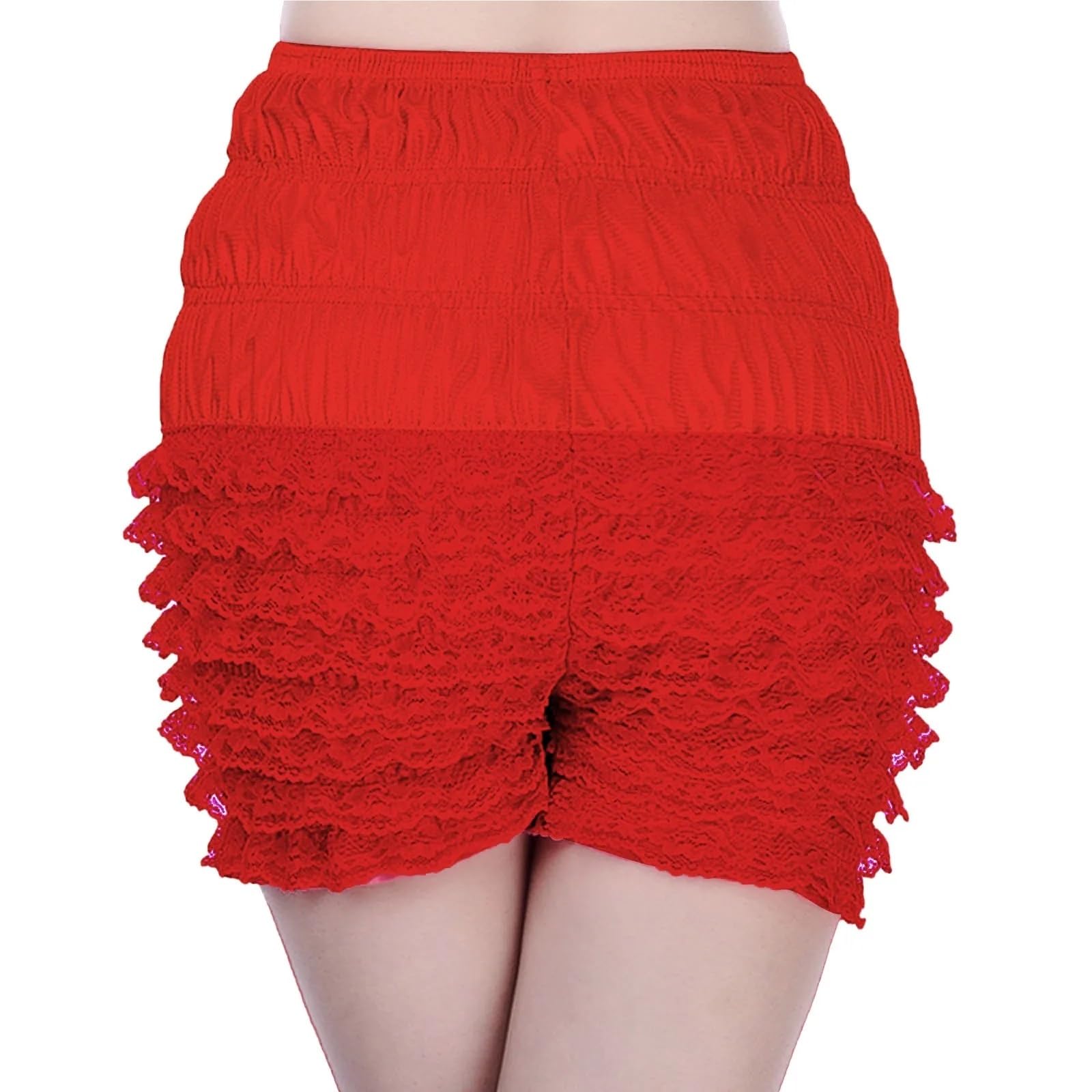 Xiehya Women's Red Lolita Bloomers 2Pcs Lace Ruffle Bloomers Elastic High Slim Leggings Shorts Lolita Safety Short Pants Solid Frilly Knickers Laye Pettipants For (,S)