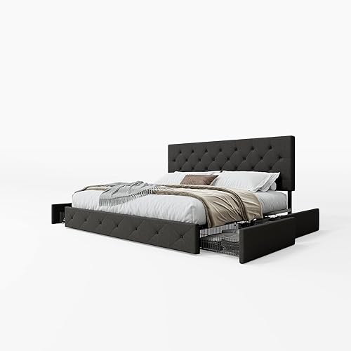 Miniatura 8 de SHA CERLIN Base de cama tapizada tamaño King con cabecera ajustable y 4 cajones de almacenamiento debajo de la cama no necesita somier diseño