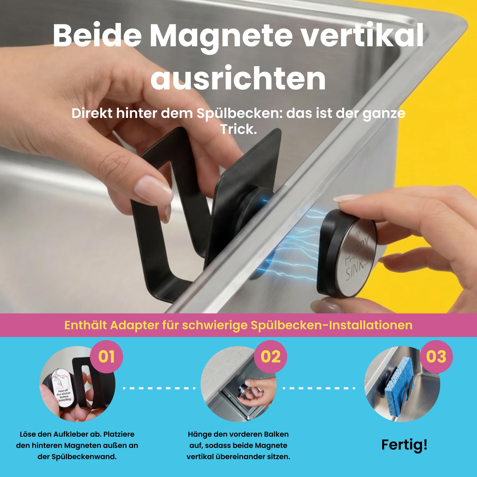 Magnetischer Schwammhalter - Biokomposit, Wandmontage - Mehr Ordnung & Spülbecken Organizer magnetisch - Einfache Montage - Magnet für Spüle - Vielseitiger Magnethalter für Schwämme