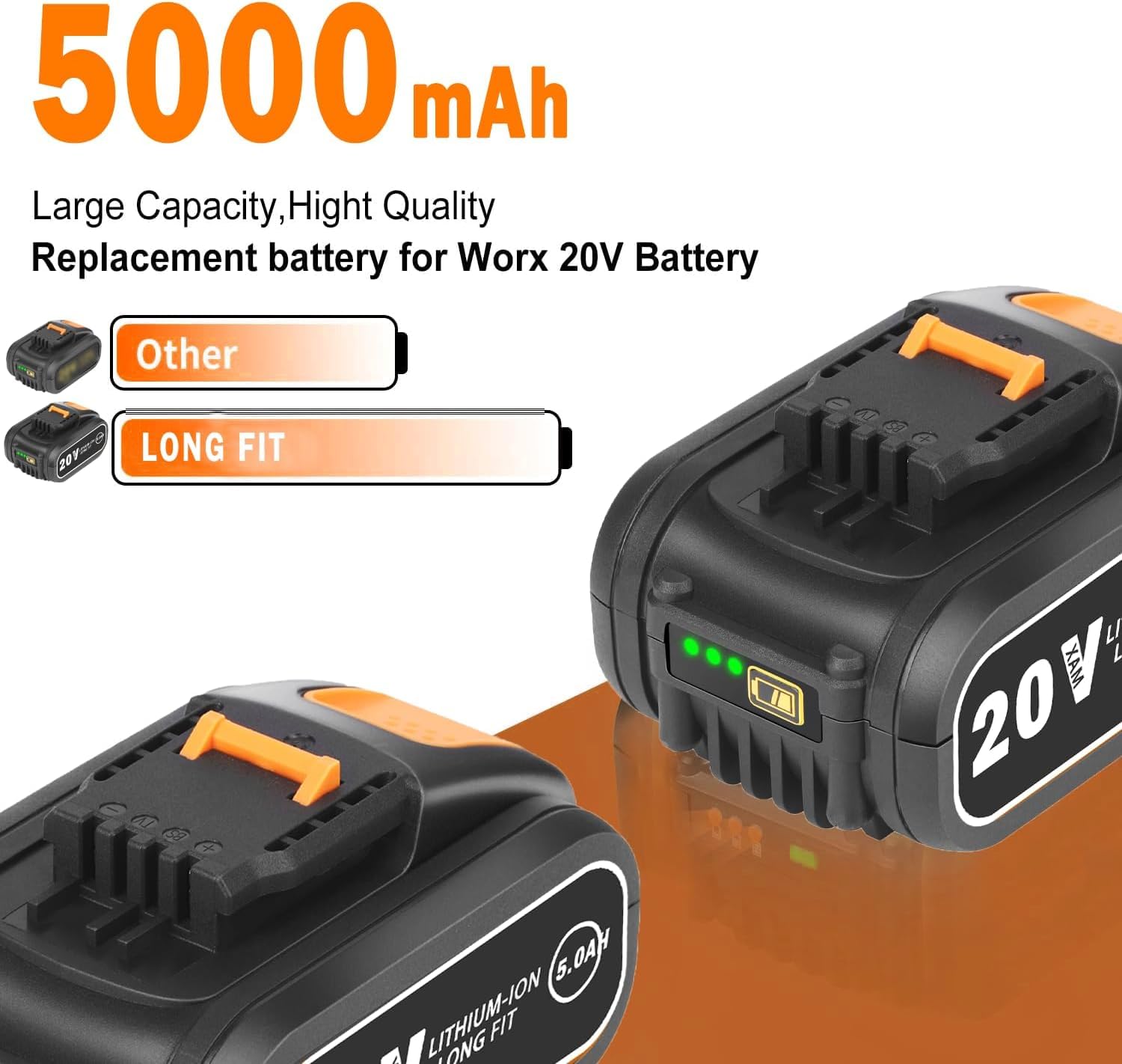 2 confezioni di batterie di ricambio da 5,0 Ah per Worx 20 V WA3553 agli ioni di litio, ricambio per Worx 20 V WA3551 W3553 WA3572 WX390 WX176 WX178 WU268 WX166.4 WX372.1 WX800 WG2 5 9E