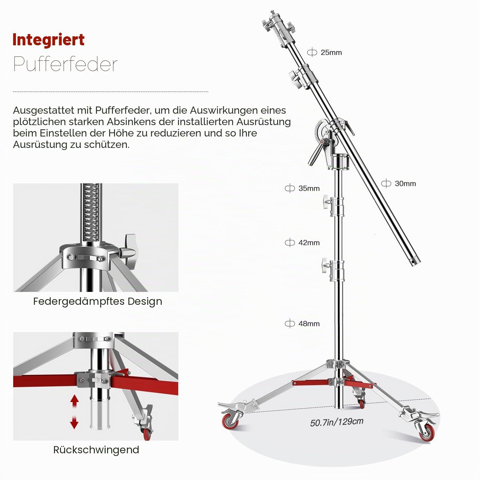 Soonpho Pro 100% Edelstahl Lichtstativ C Stand mit Rollen und Galgen,Metal Heavy C-Stand Schwerlast max. Höhe 450 cm (14,76 Fuß) Gefaltete Höhe 157 cm (15,1 Fuß) für Reflektoren,Monolichter