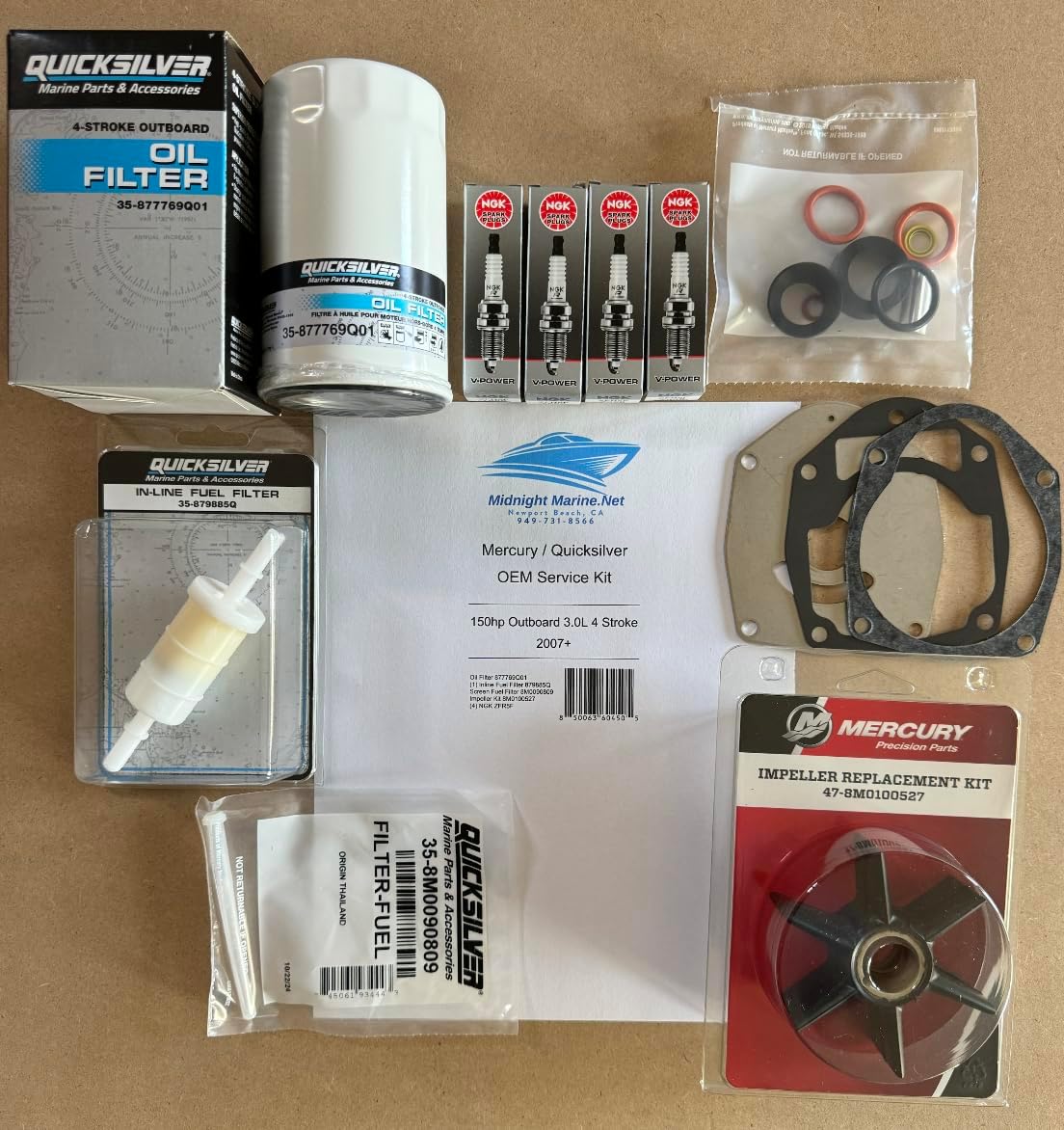 2007+ 150/135HP 3.0L 4-Stroke EFI Mercury/Quicksilver OEM Maintenance Kit: Fuel & Oil Filter(s), Impeller, Spark Plugs s/n 1B905505+