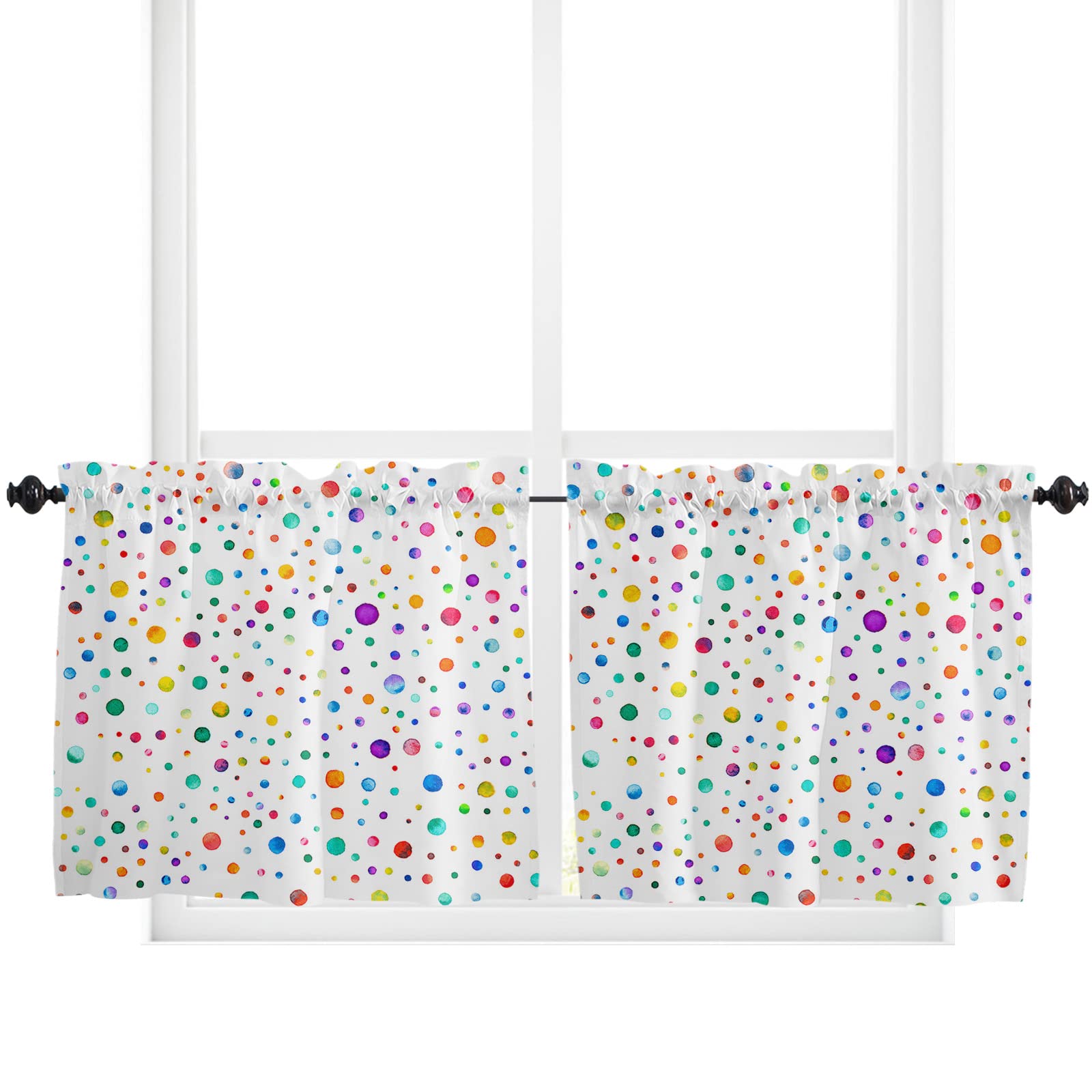 Colorful Polka Dot Window Tier Curtains 24 Inch Length, Watercolor Color Point Rod Pocket Window Treatment Kitchen Drapes for Bedroom, Cafe, Living Room, 2 Panels, 27.5 W x 24 L